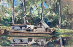 Antique French Oil Painting Wood Lodge Alongside The Lake