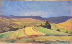 Peinture à l'huile française vintage, champ de corne jaune à travers des champs verts 