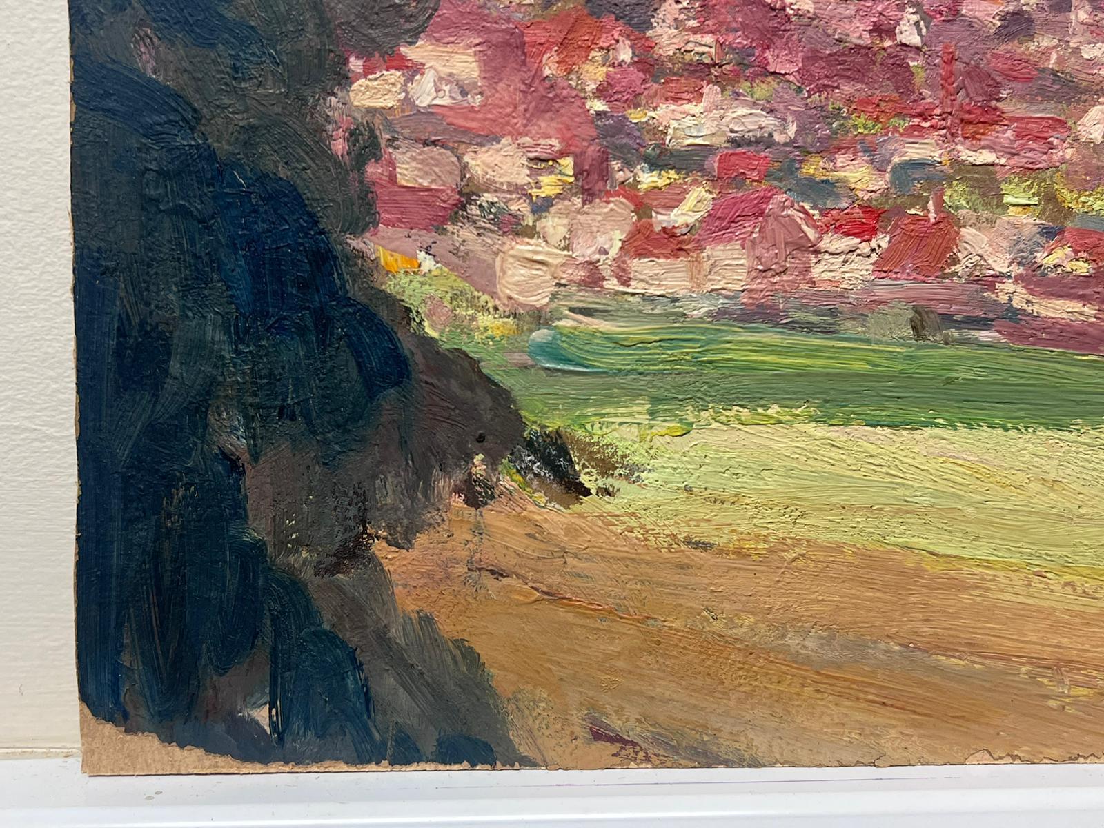 Vintage Oil Painting Of A Pink French Town Landscape For Sale 1