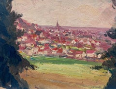 Antique Oil Painting Of A Pink French Town Landscape