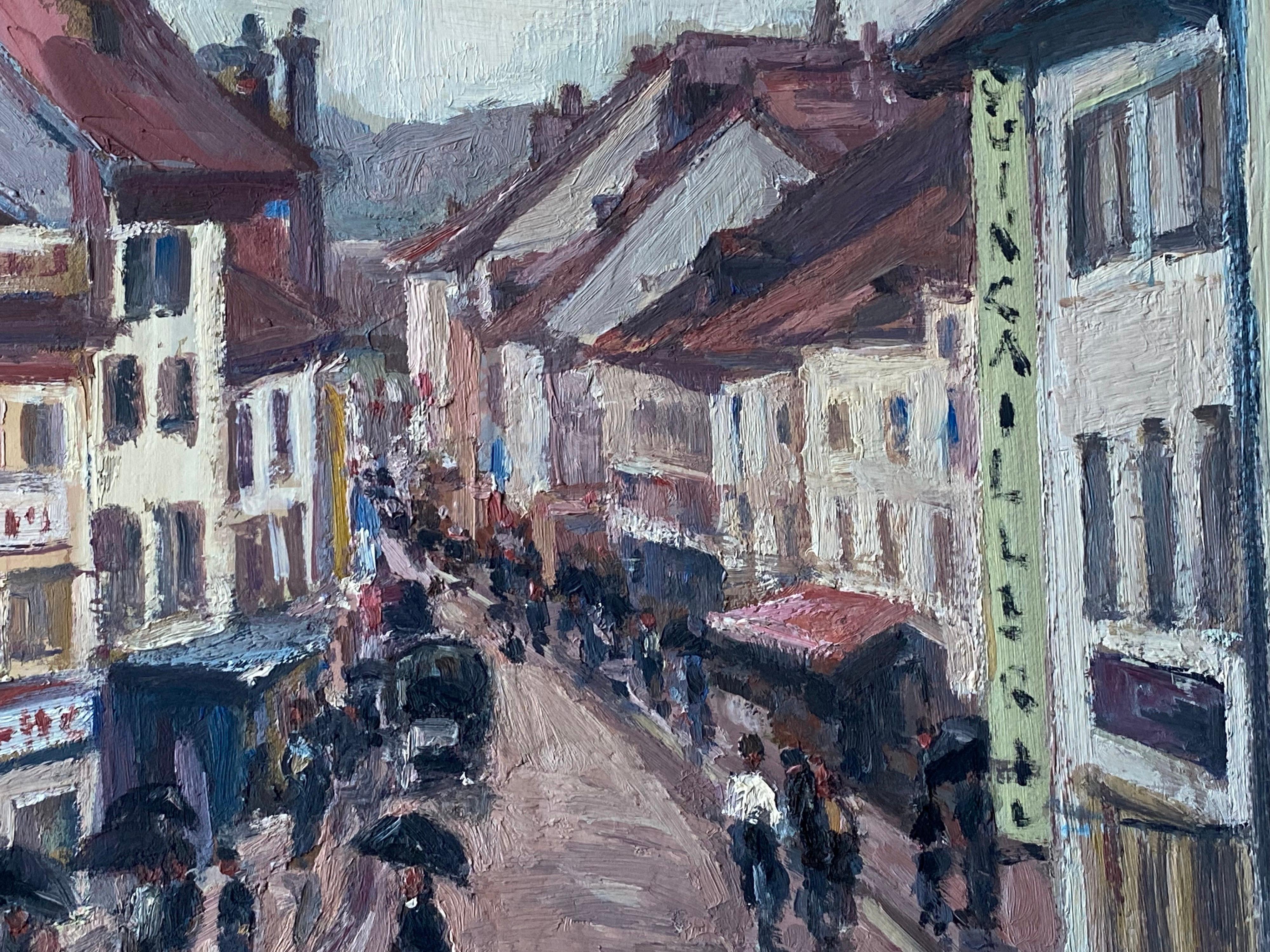 Vintage Signed French Impressionist Oil Busy French Street with Figures in Rain - Painting by Leon Hatot