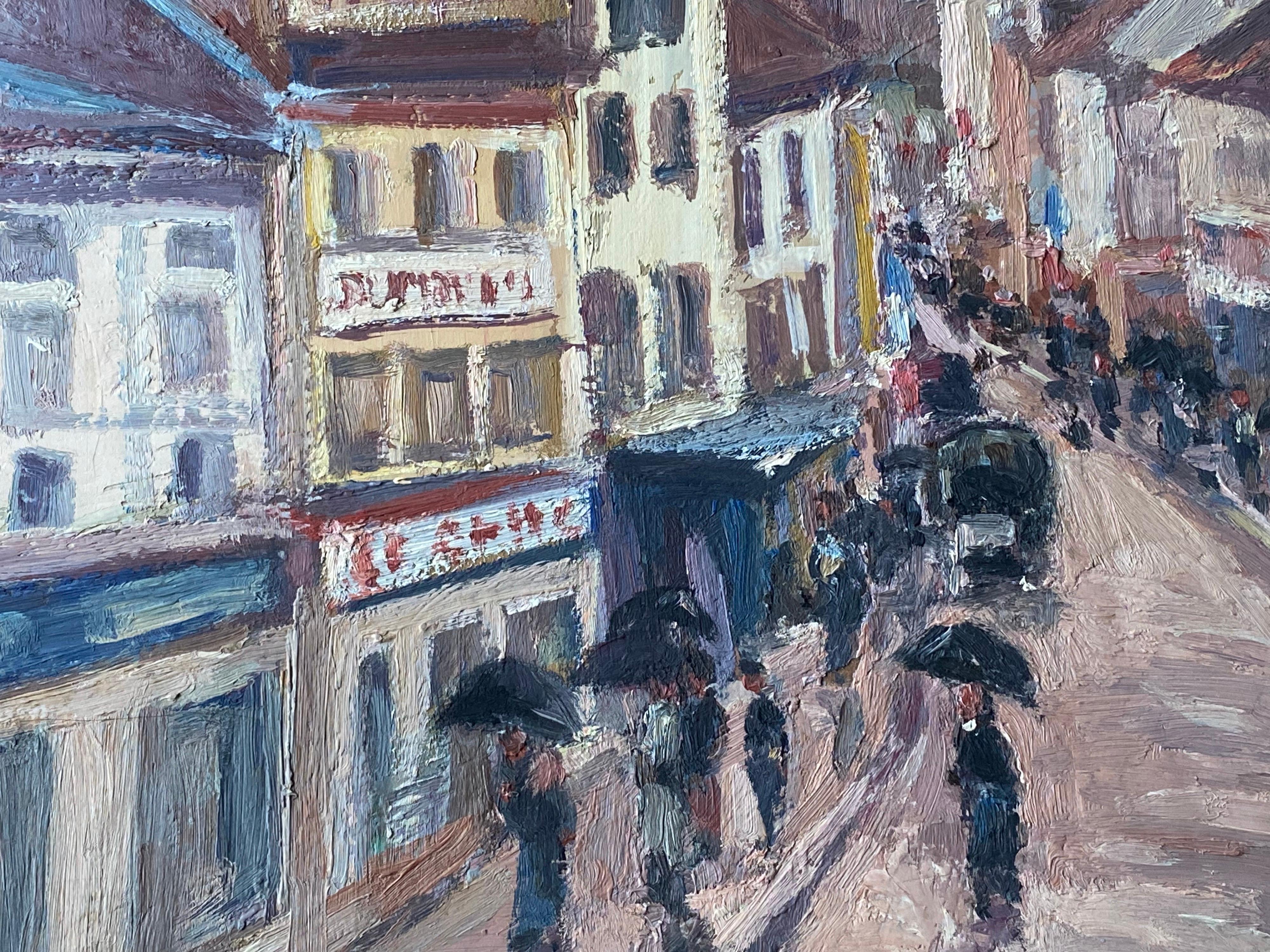 Vintage Signed French Impressionist Oil Busy French Street with Figures in Rain - Gray Landscape Painting by Leon Hatot