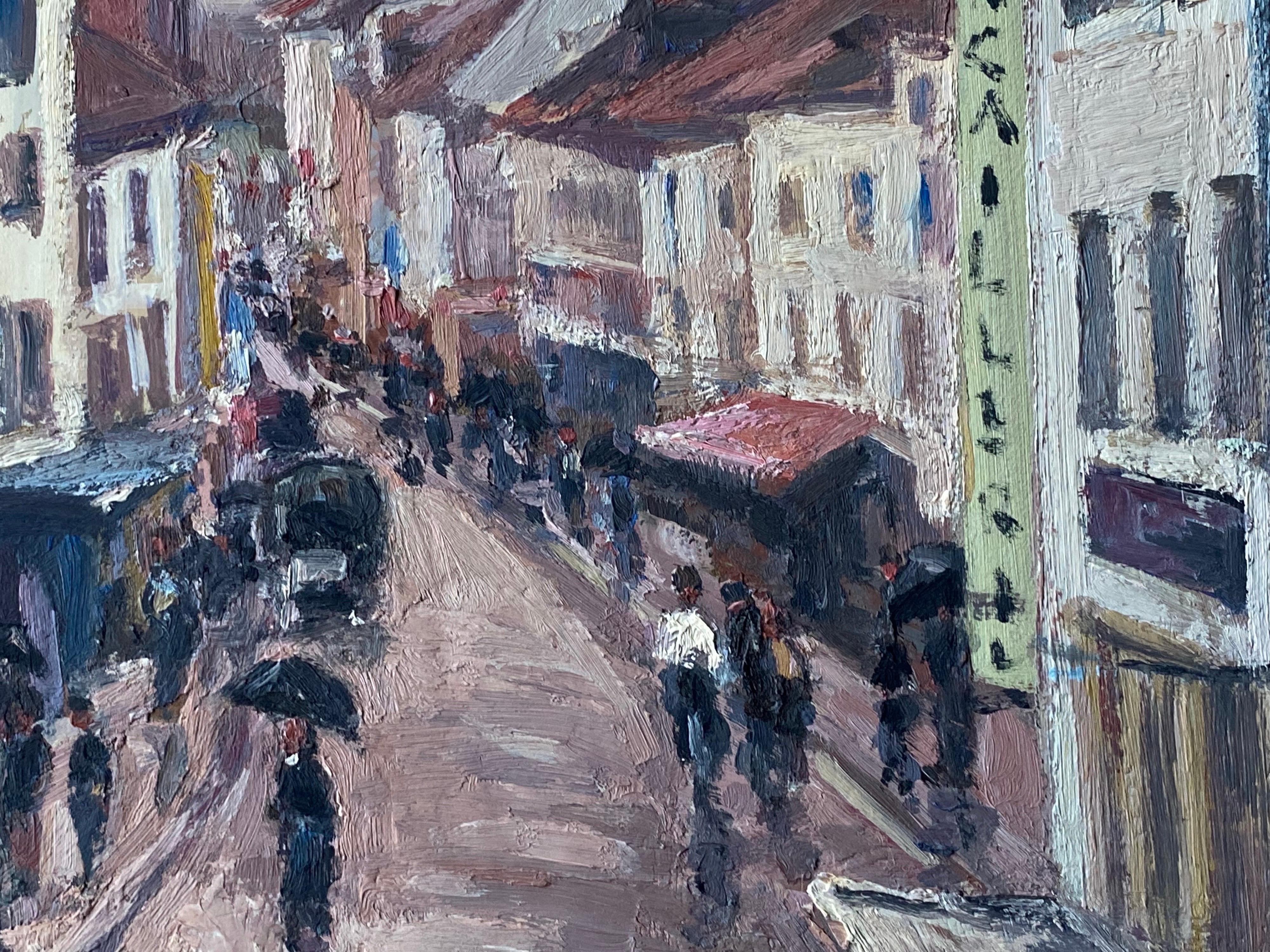 Artist/ School: Leon Hatot (French 1883-1953), signed lower corner

Title: Impressionist oil painting depicting a busy French market town scene with figures walking in the rain (umbrellas)

Medium: oil painting on thick paper, unframed.

Size: 