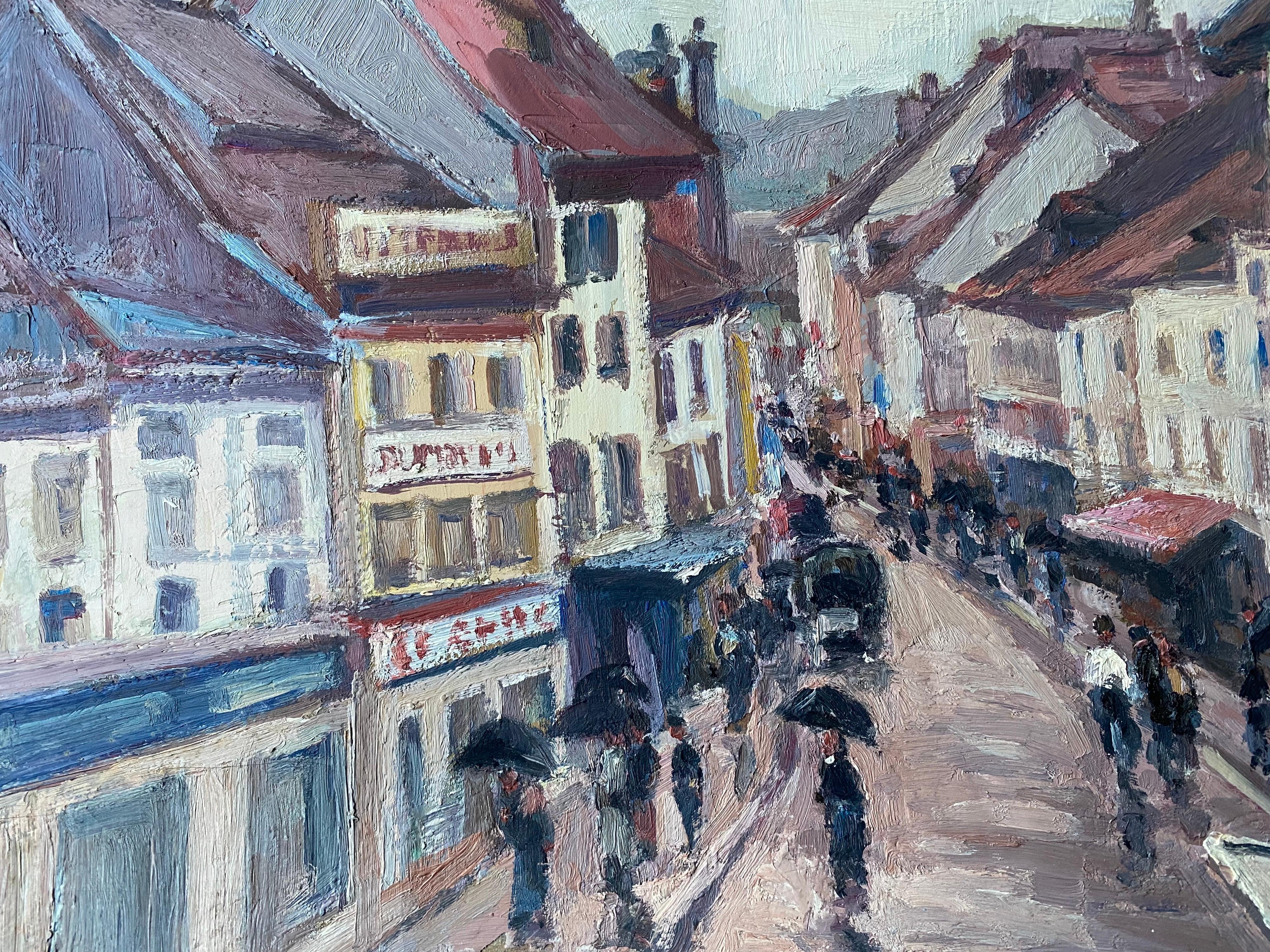 Vintage Signed French Impressionist Oil Busy French Street with Figures in Rain 2