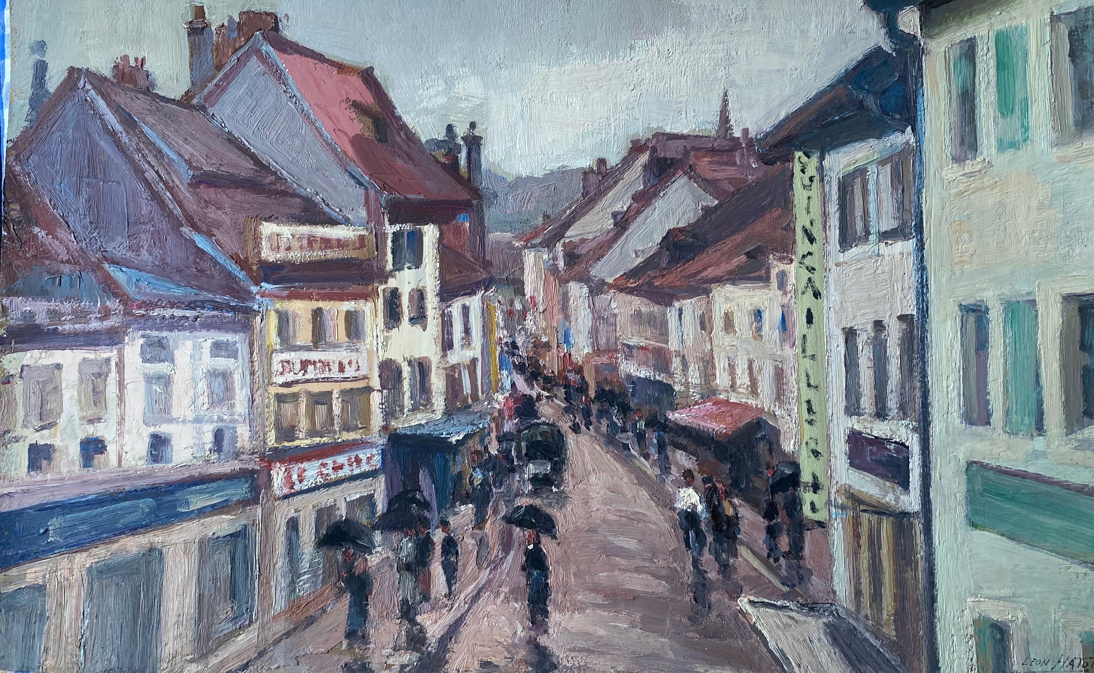 Leon Hatot Landscape Painting - Vintage Signed French Impressionist Oil Busy French Street with Figures in Rain