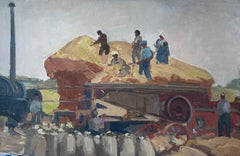 Huile impressionniste française vintage signée - Fermiers répartis sur le chariot de récolte