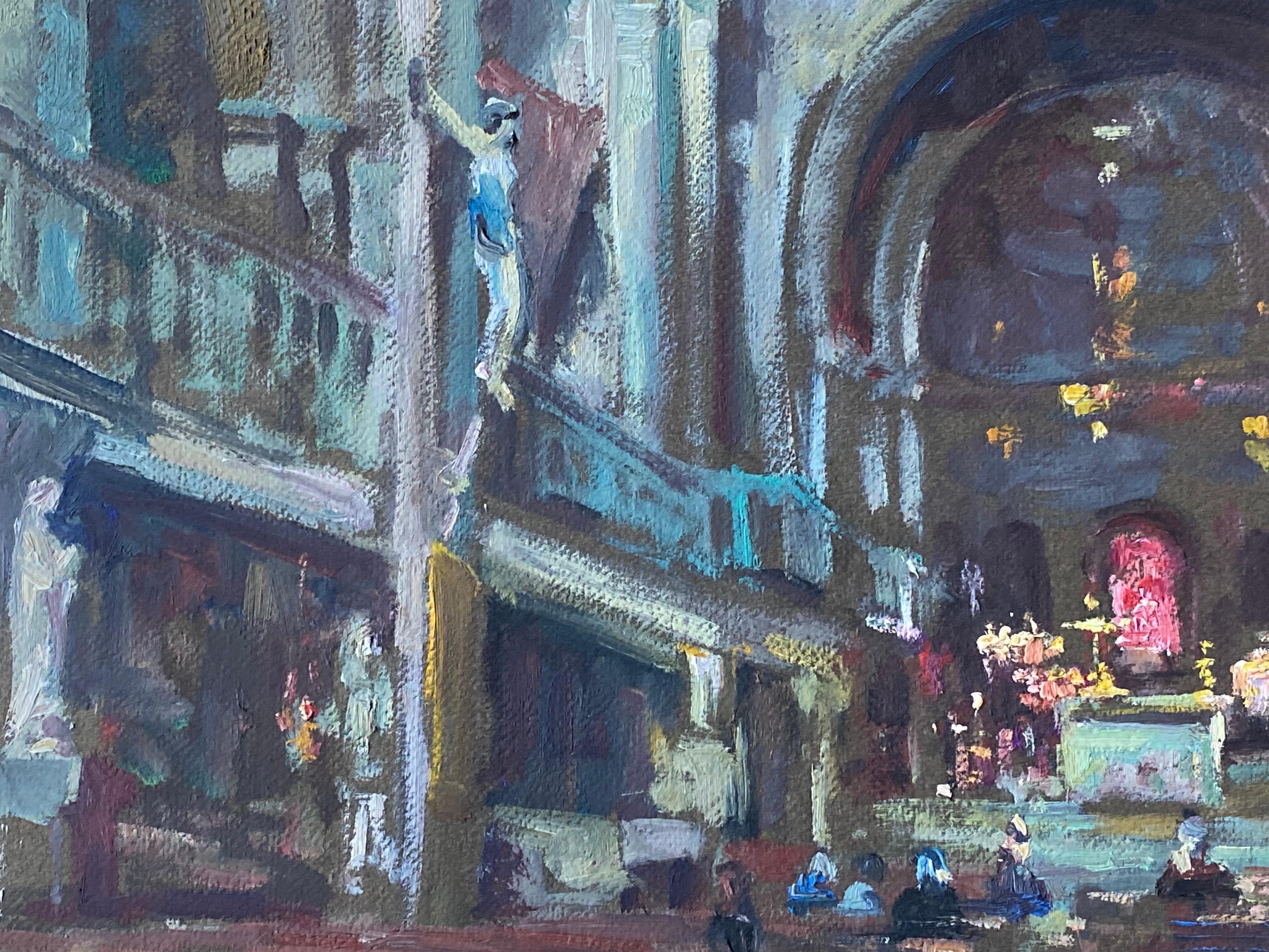 Vintage Signed French Impressionist Oil Figures in Church Interior - Painting by Leon Hatot