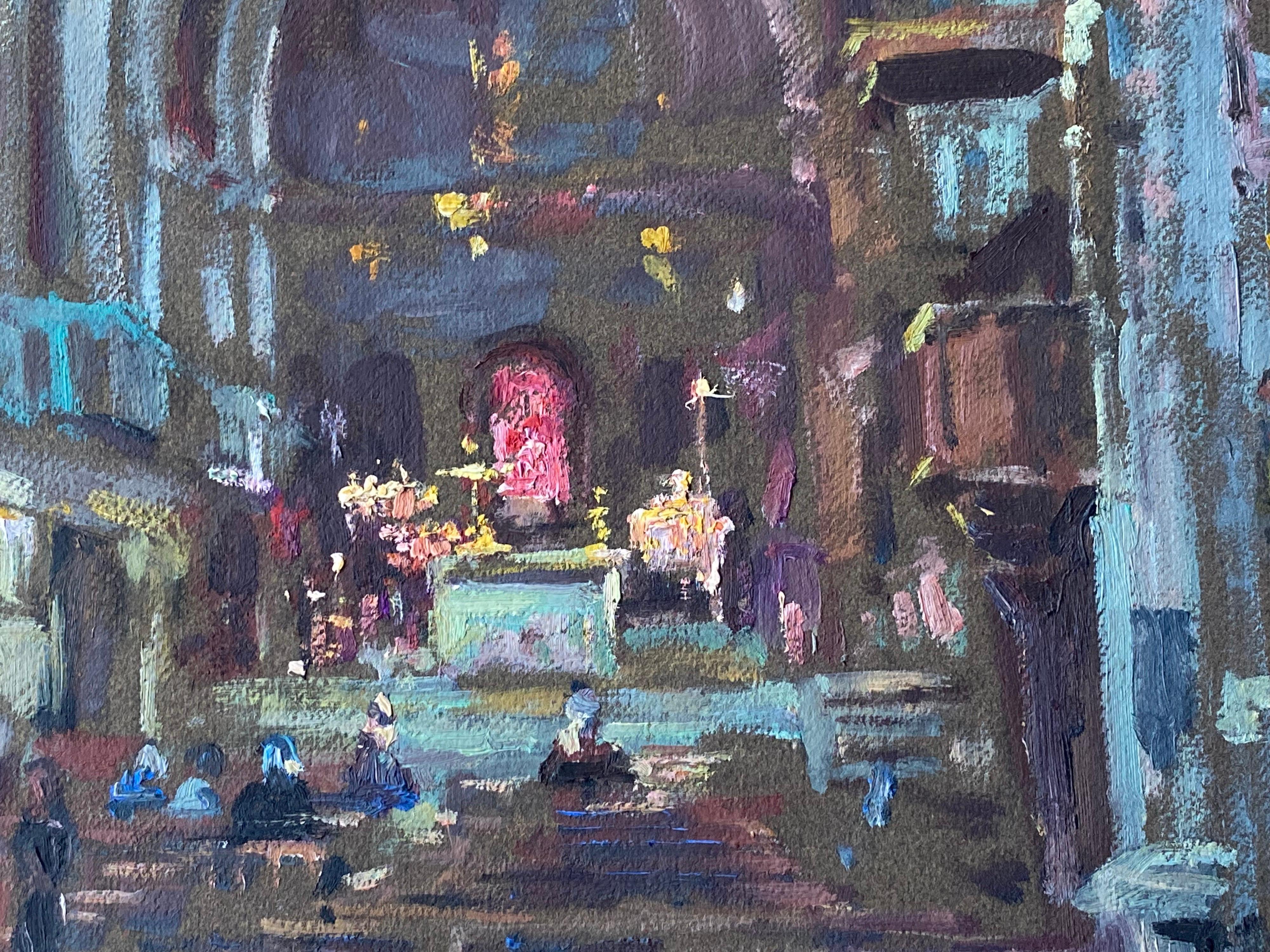 Vintage Signed French Impressionist Oil Figures in Church Interior - Gray Landscape Painting by Leon Hatot