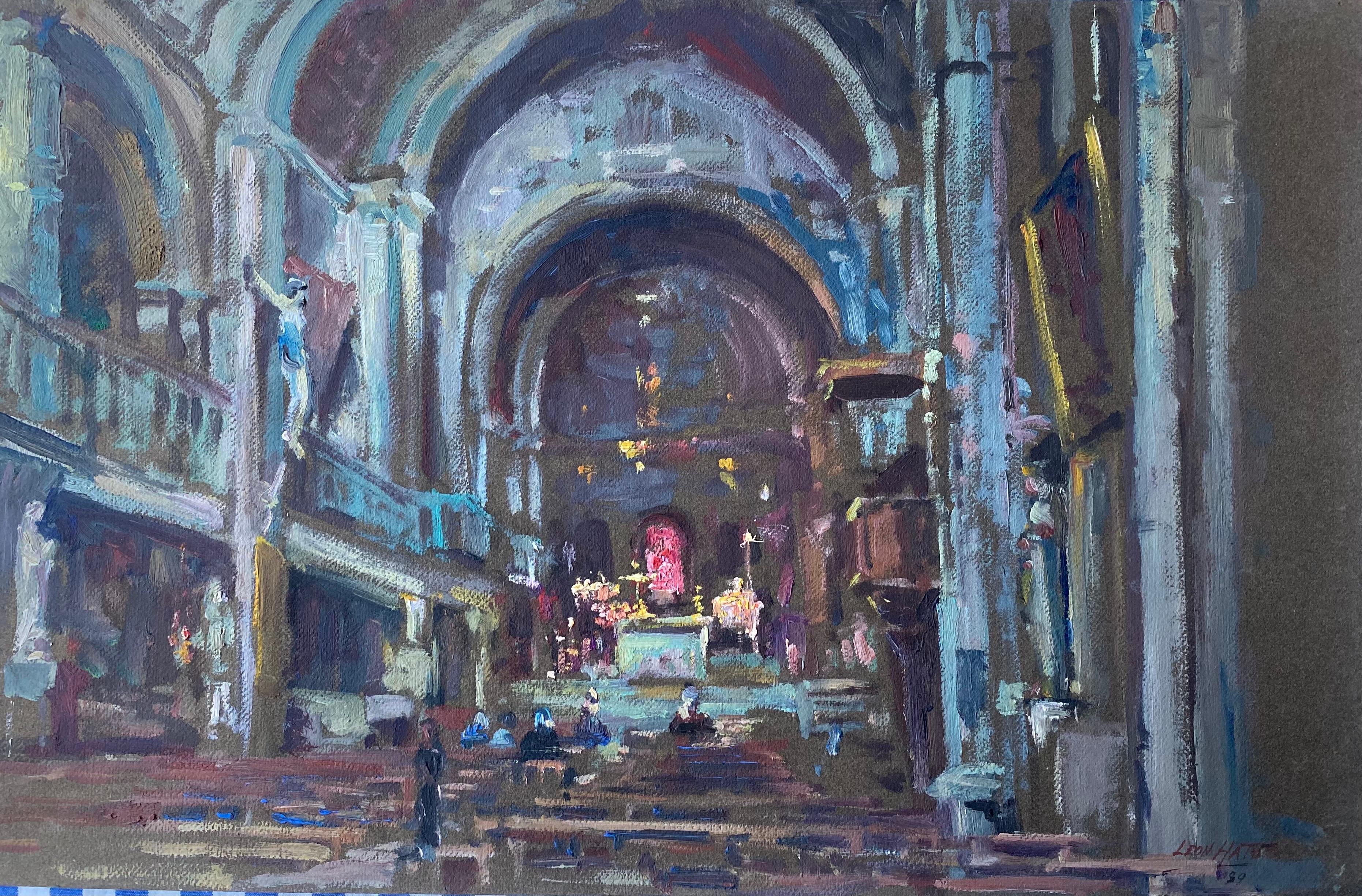Leon Hatot Landscape Painting - Vintage Signed French Impressionist Oil Figures in Church Interior