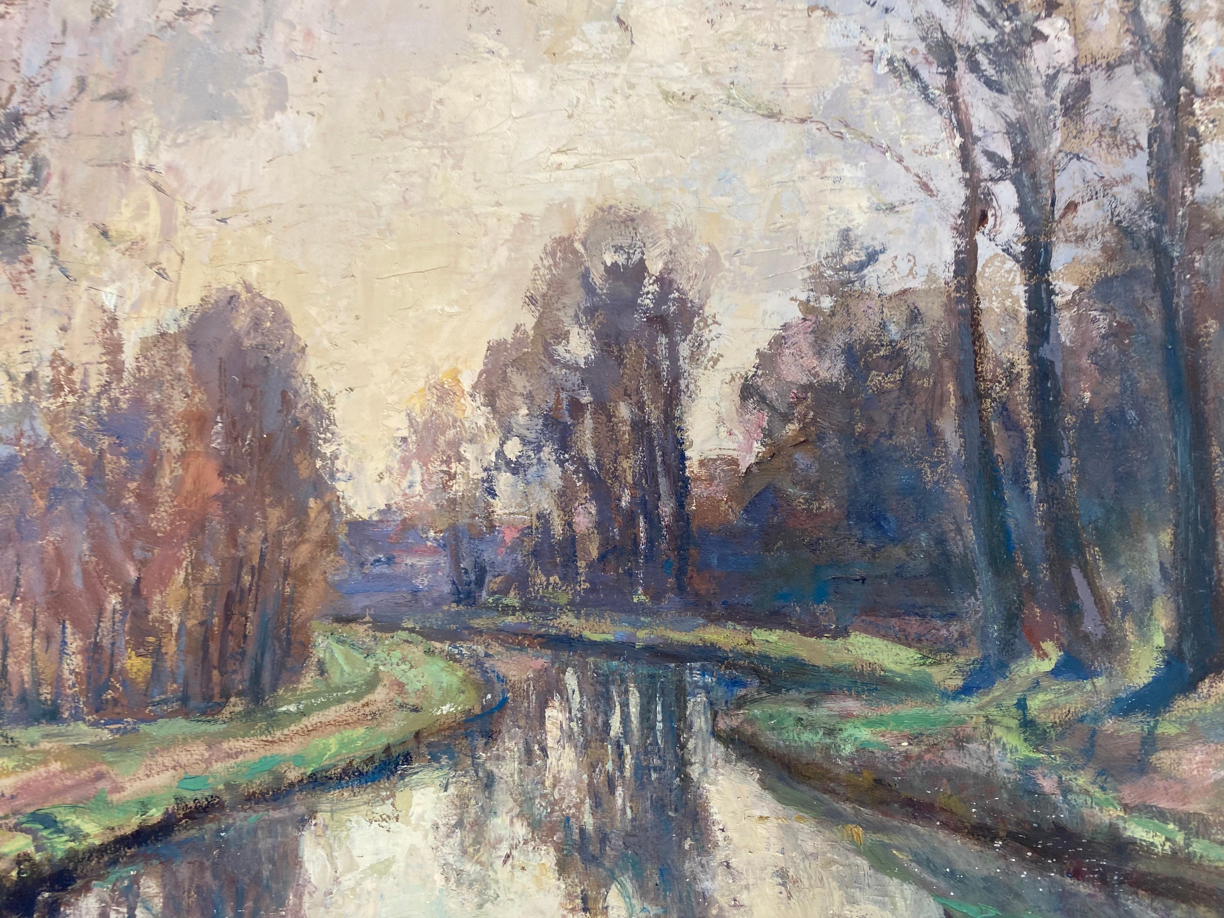 Vintage Signed French Impressionist Oil - Sunrise River Landscape - Painting by Leon Hatot