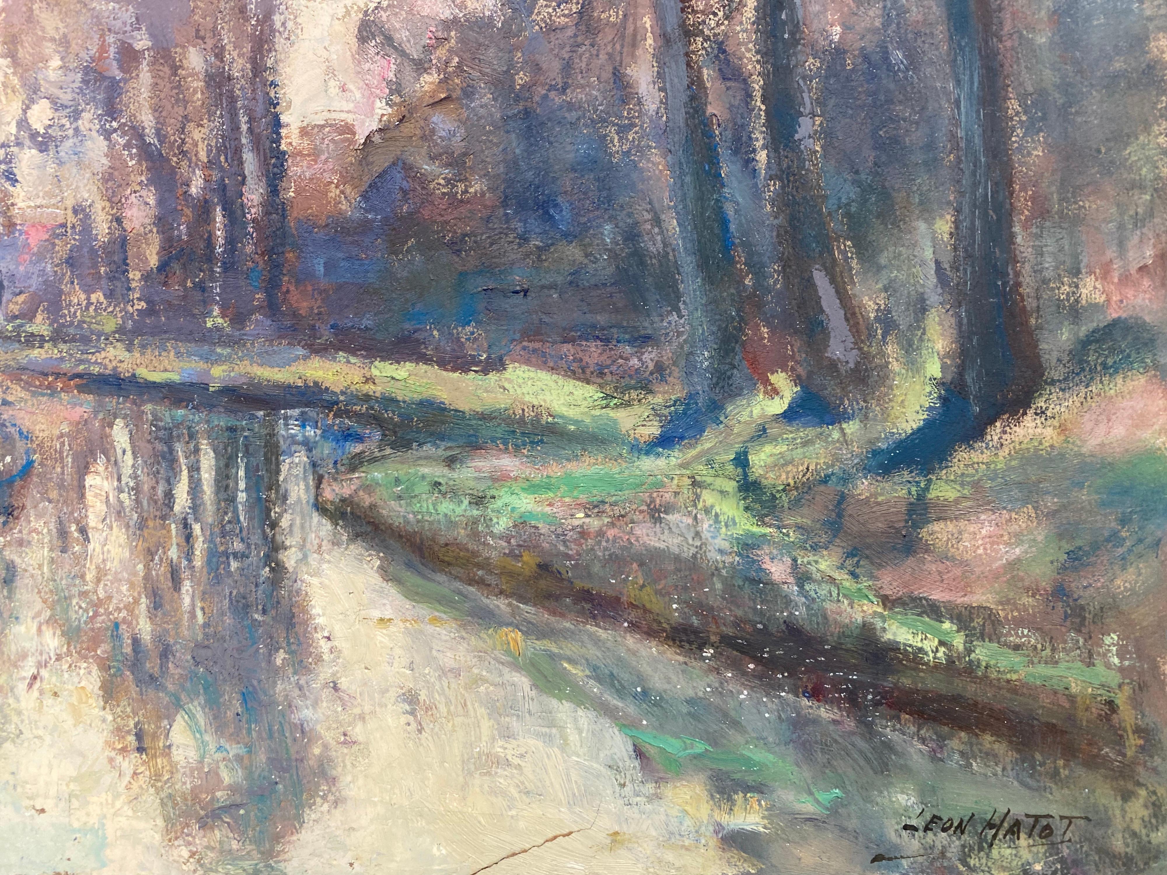 Vintage Signed French Impressionist Oil - Sunrise River Landscape - Gray Landscape Painting by Leon Hatot