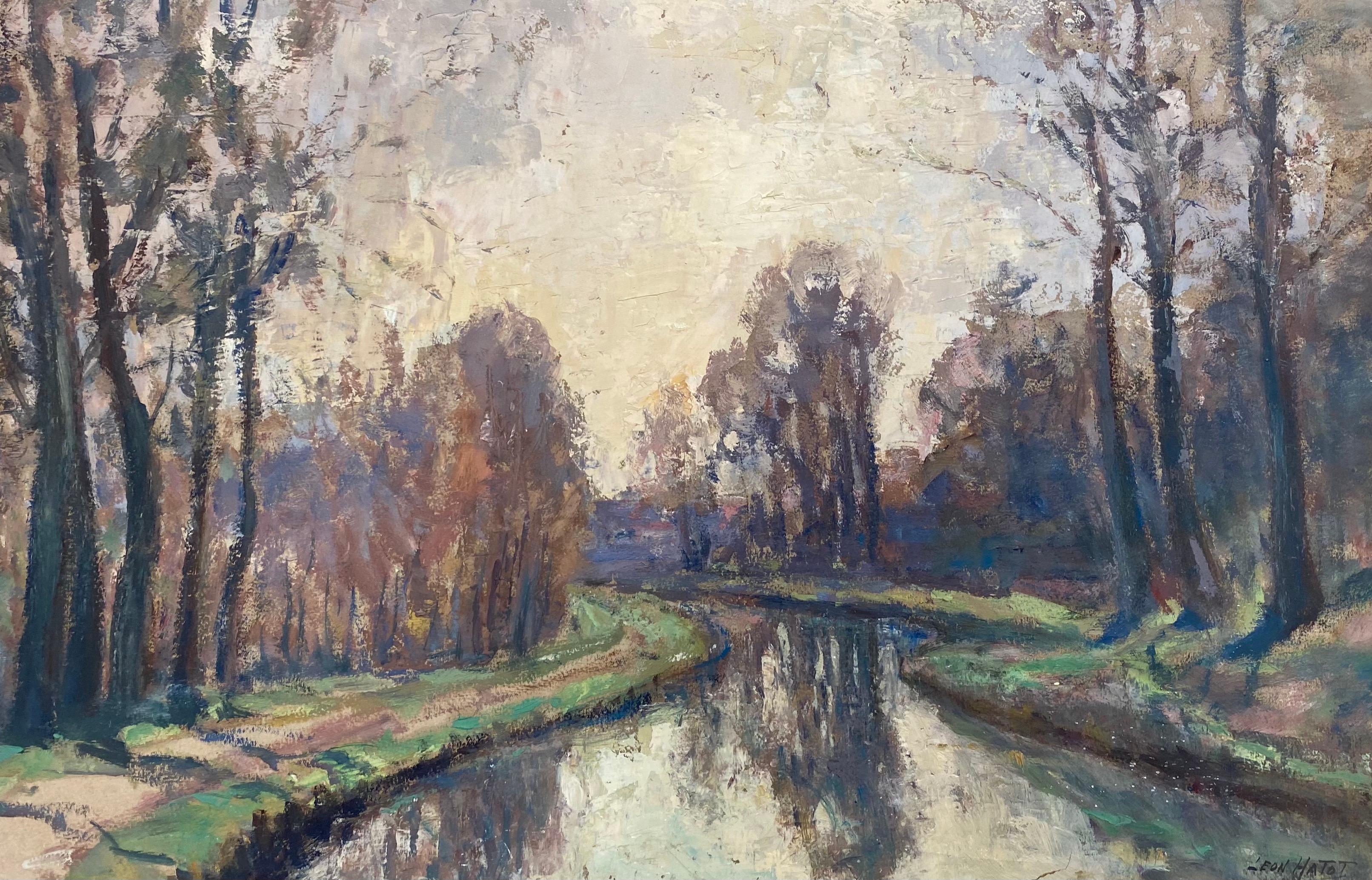 Leon Hatot Landscape Painting - Vintage Signed French Impressionist Oil - Sunrise River Landscape