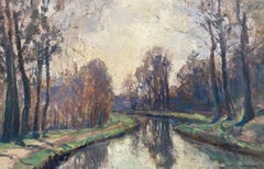 Französisches impressionistisches Ölgemälde, Sonnenaufgang, Flusslandschaft, signiert