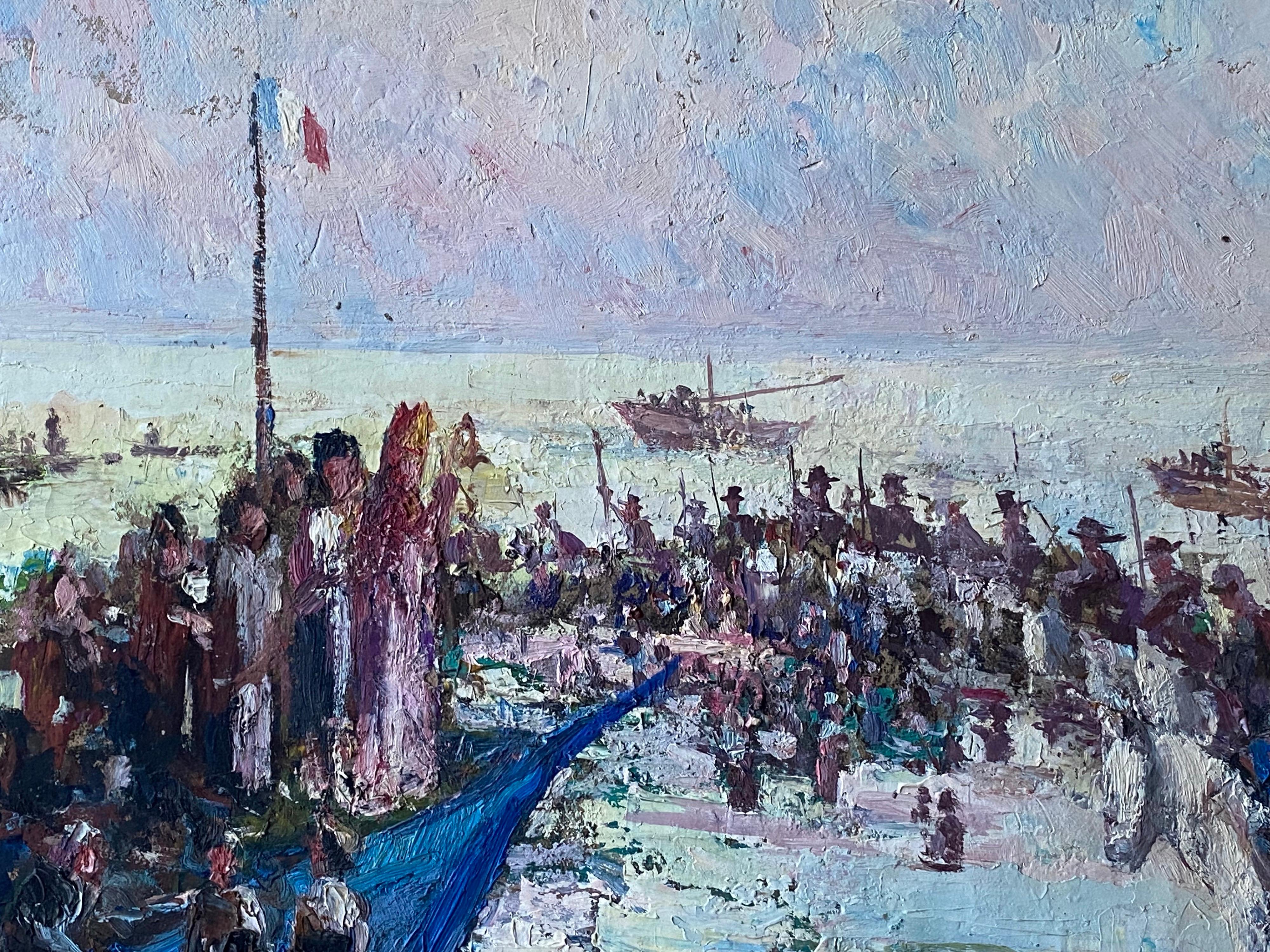 Vintage Signed French Impressionist Oil Troops Gathered At The Harbour Landscape - Painting by Leon Hatot