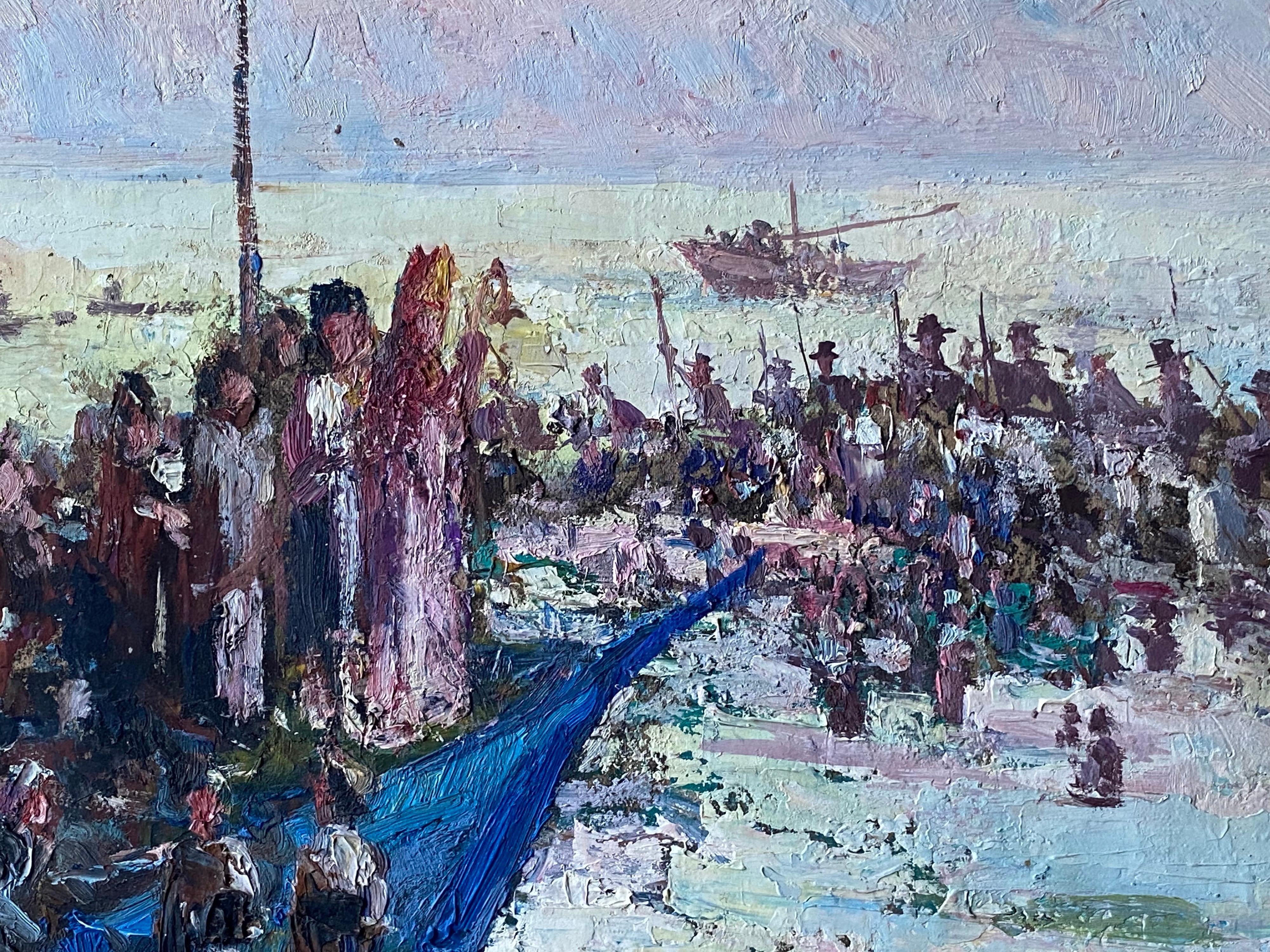 Vintage Signed French Impressionist Oil Troops Gathered At The Harbour Landscape 1