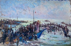 Vintage Signed French Impressionist Oil Troops Gathered At The Harbour Landscape