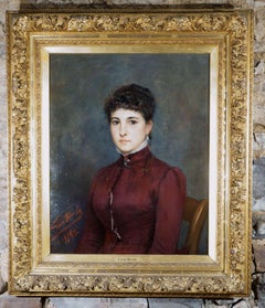 Grand portrait de jeune fille signé Huile sur toile Cadre doré Napoléon III