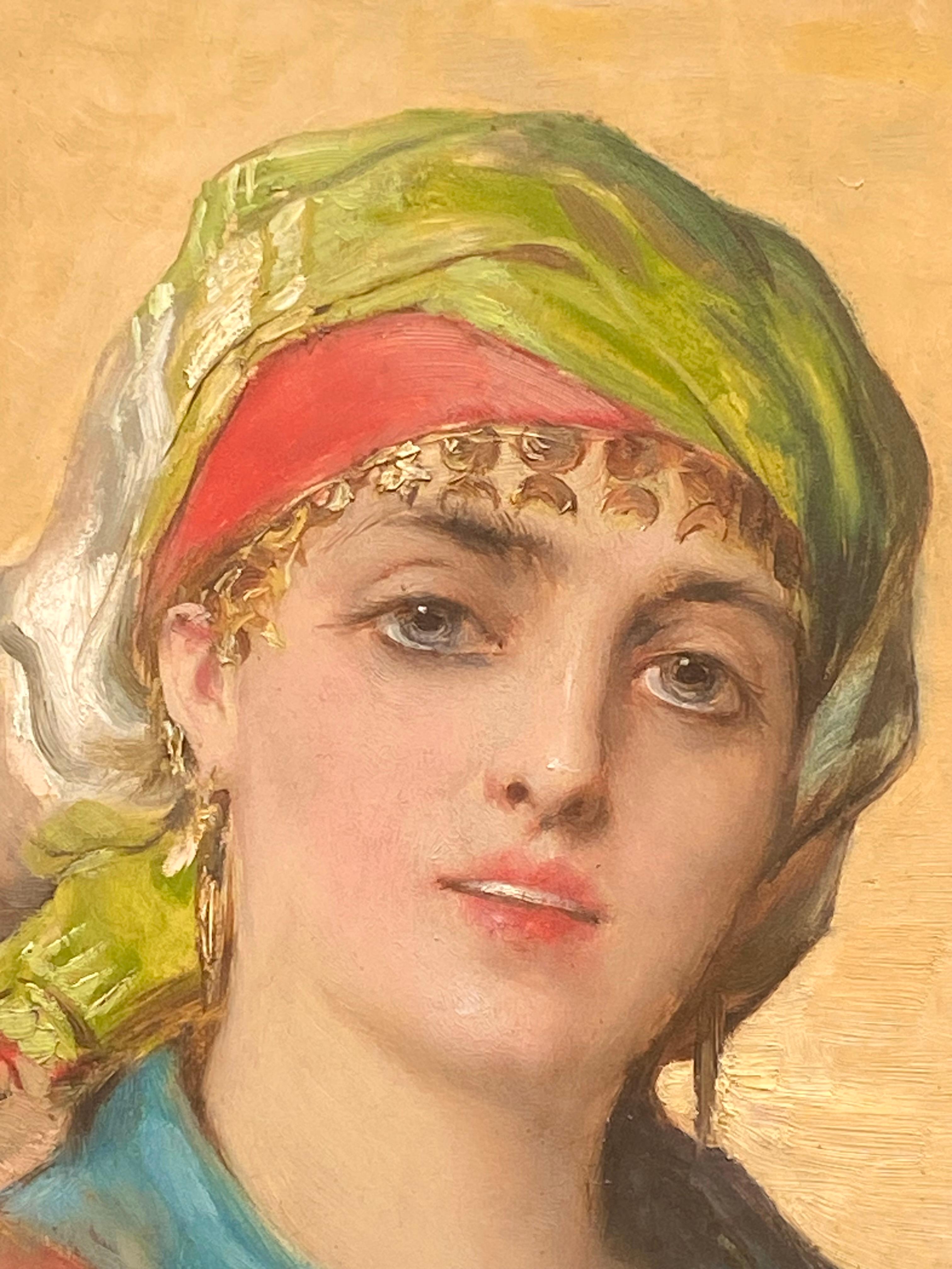 Olio originale su pannello di legno di mogano raffigurante una giovane zingara con un copricapo e un costume colorati.  Firmato al centro a destra e datato 1885, Bruxelles. Etichetta originale in carta con iscrizione, firmata dall'artista. Le
