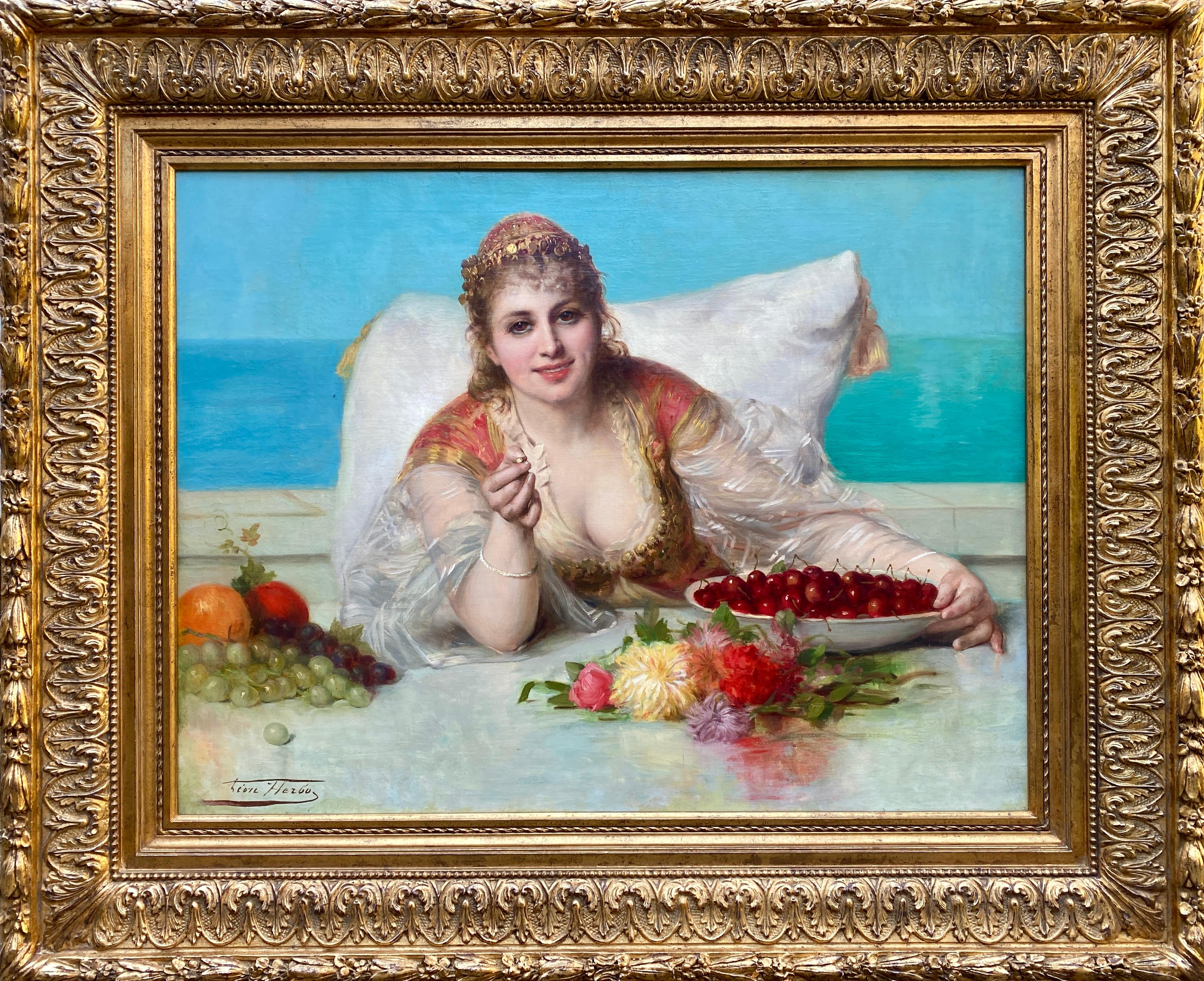 Leon Herbo Portrait Painting - Léon Herbo, 1850 – 1907, Belgian, 'Oriental Woman with Fruits and Flowers'