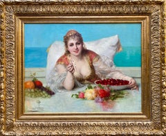 Antique Léon Herbo, 1850 – 1907, Belgian, 'Oriental Woman with Fruits and Flowers'