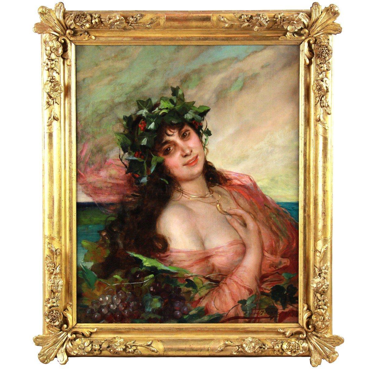 Leon Herbo Portrait Painting - Oil On Canvas, Nude "La Bacchante" dated 1885 and signed by Léon Herbo