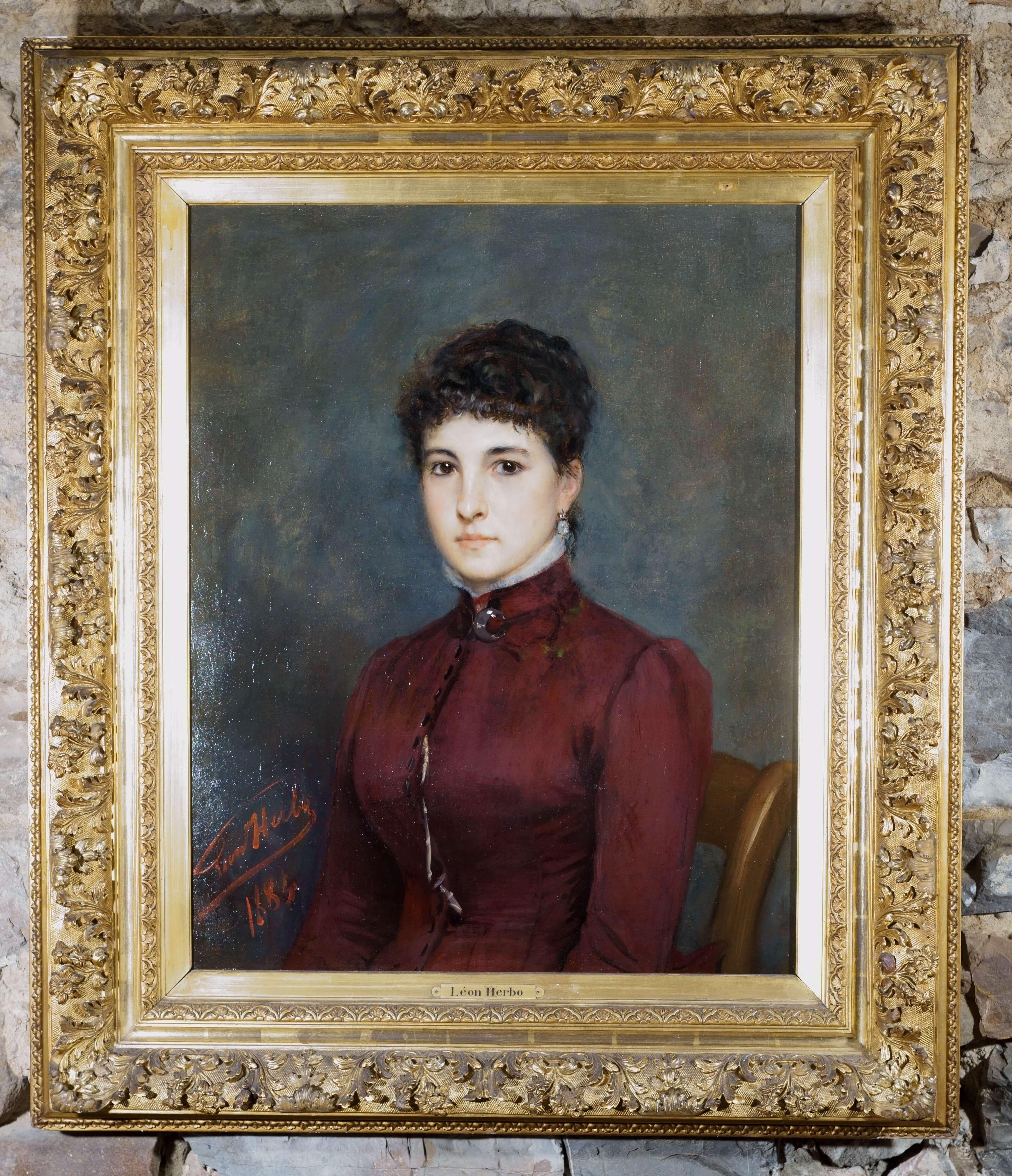 Portrait of a Girl Oil on Canvas Signed in Frame 19th century - Painting by Leon Herbo