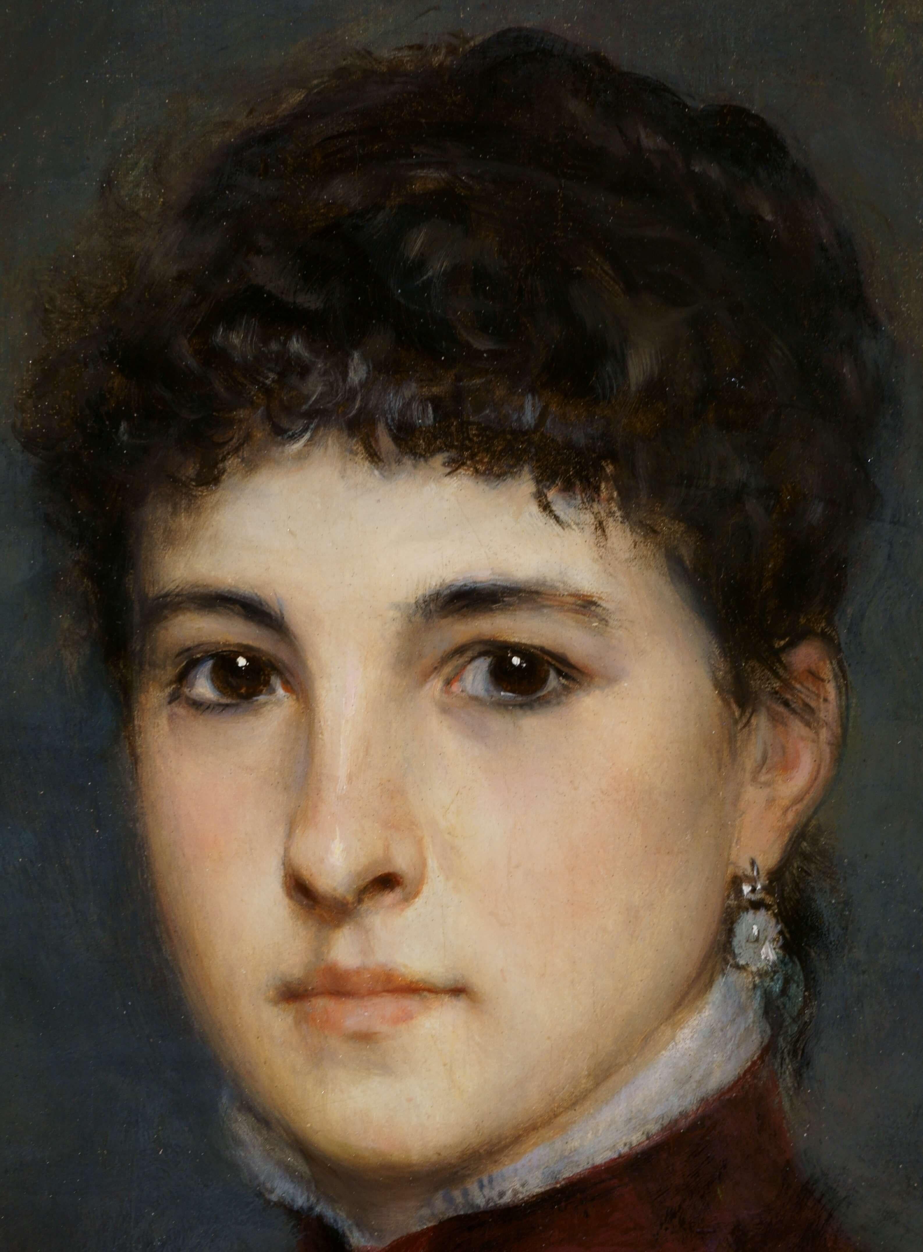Retrato de niña Óleo sobre lienzo Firmado en el marco Escuela belga del siglo XIX - Portrait Painting Black de Leon Herbo