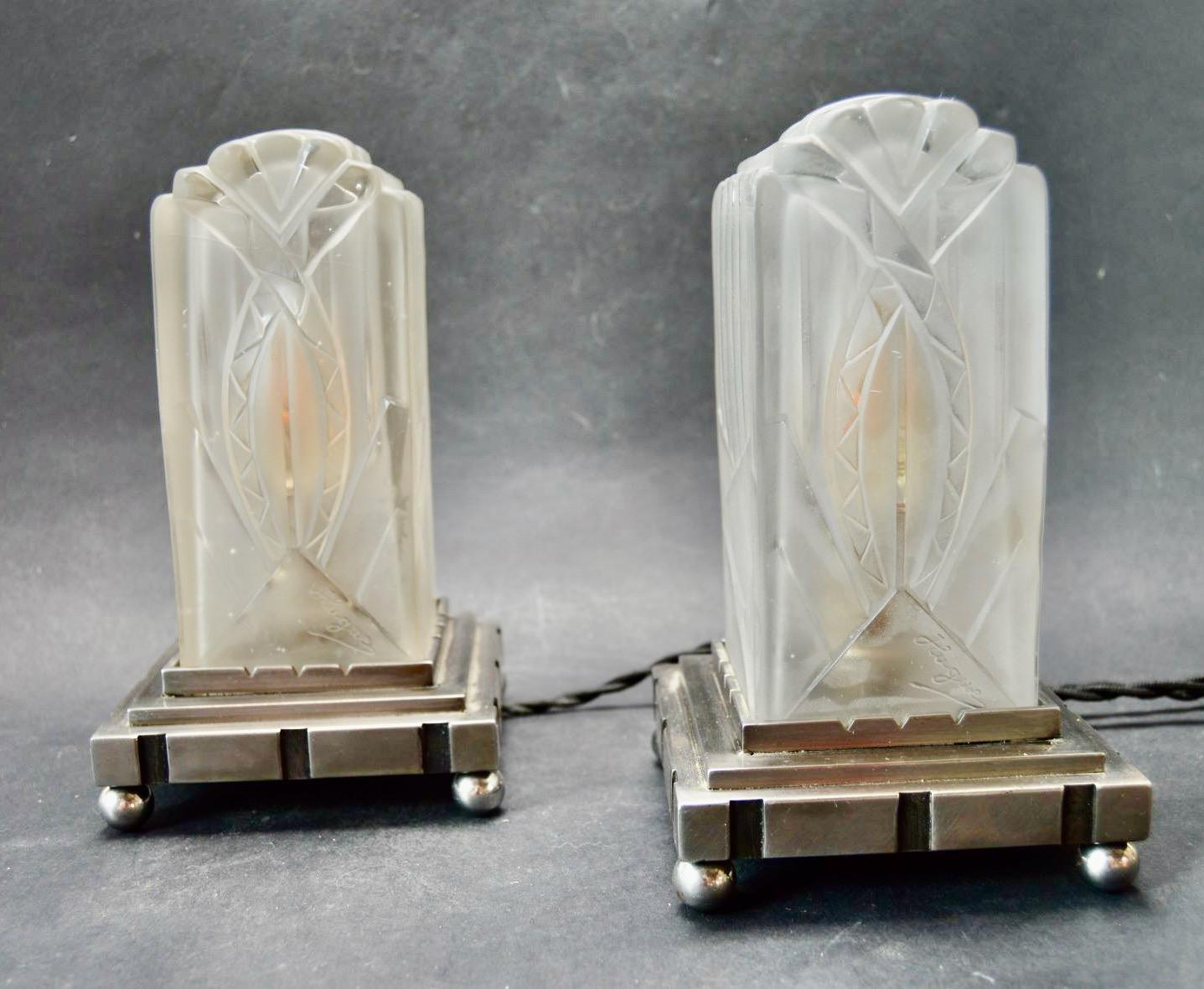Mid-20th Century Léon Hugue : French 1930s Pair Art Deco Table Lamps Rare For Sale