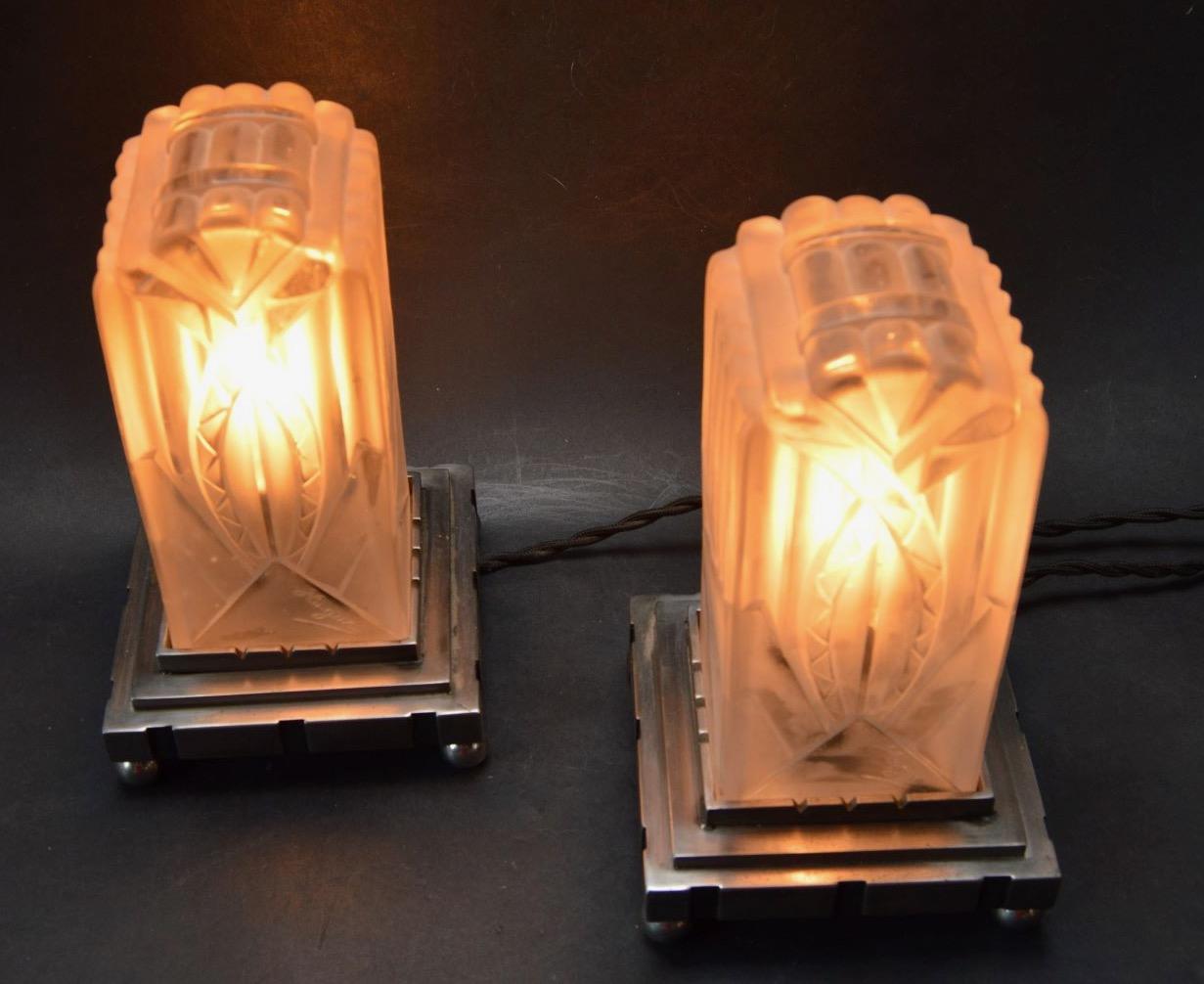 Glass Léon Hugue : French 1930s Pair Art Deco Table Lamps Rare For Sale