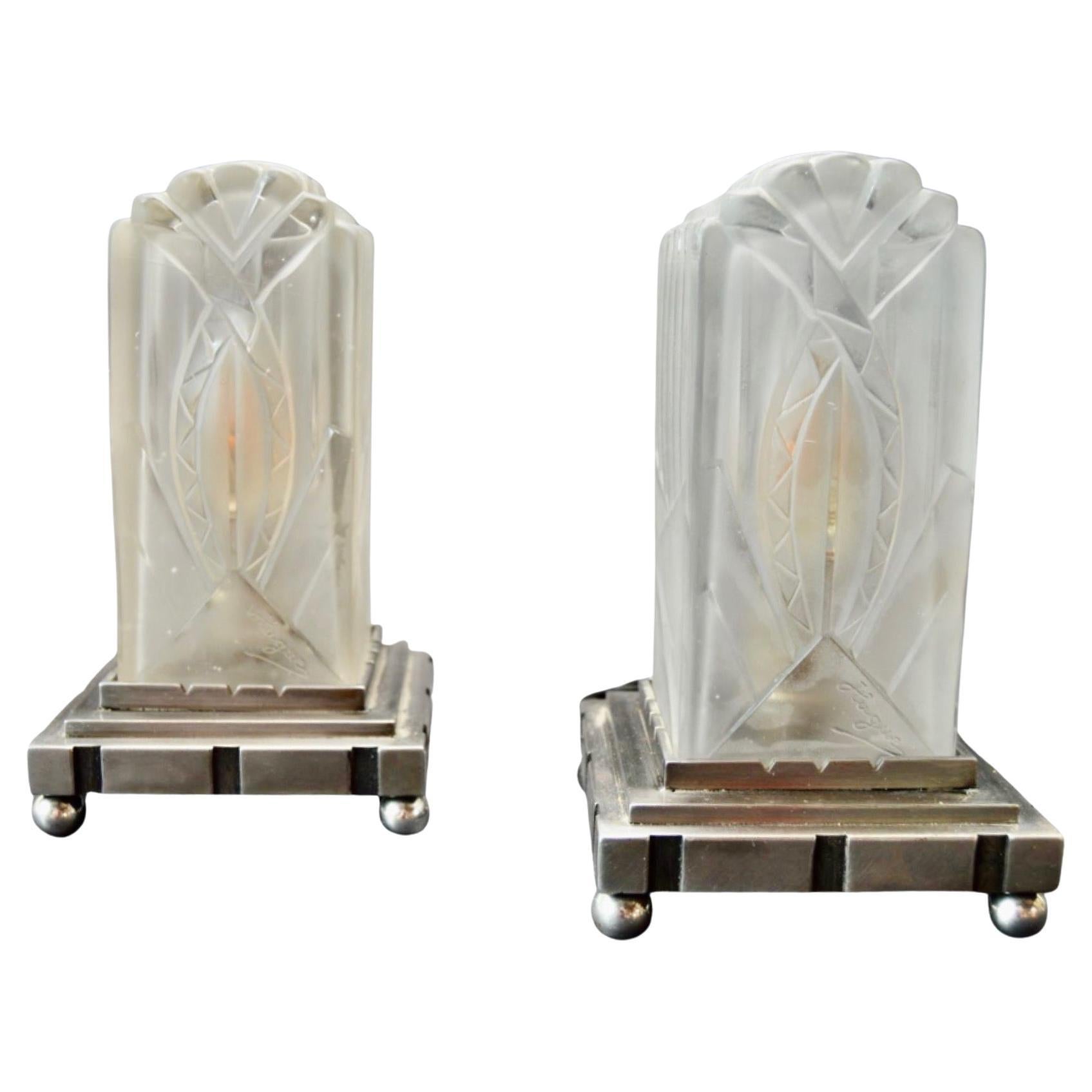 Léon Hugue : French 1930s Pair Art Deco Table Lamps Rare