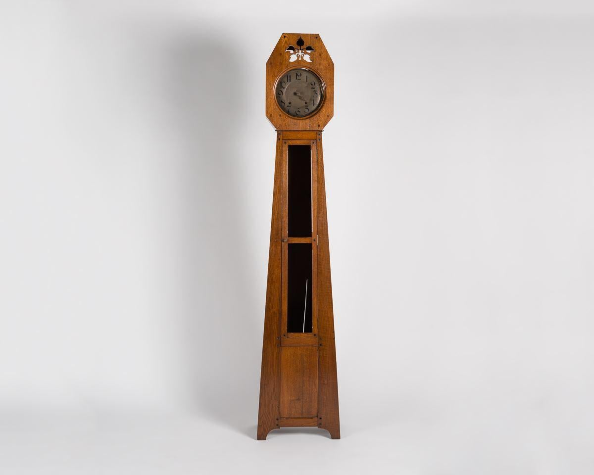 Carved Léon Jallot, Oak Grandfather Clock, France, 1910 For Sale