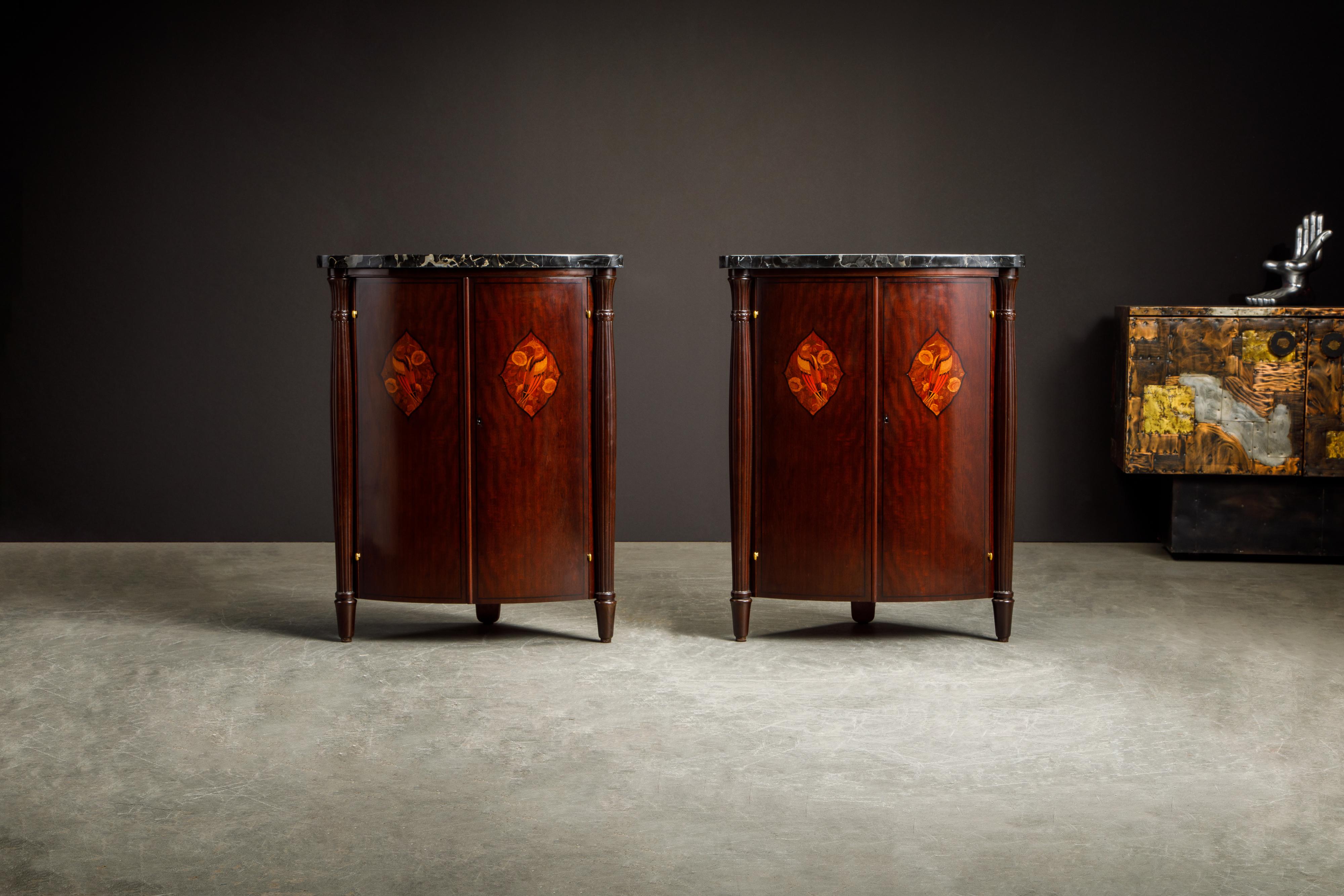 An incredible and important pair of Art Deco marquetry encoignures (corner cabinets) by famed French Art Deco designer and maker Leon Jallot, circa 1920s Paris, France. We just completed restoration to both cabinets in a gorgeous French Polish which