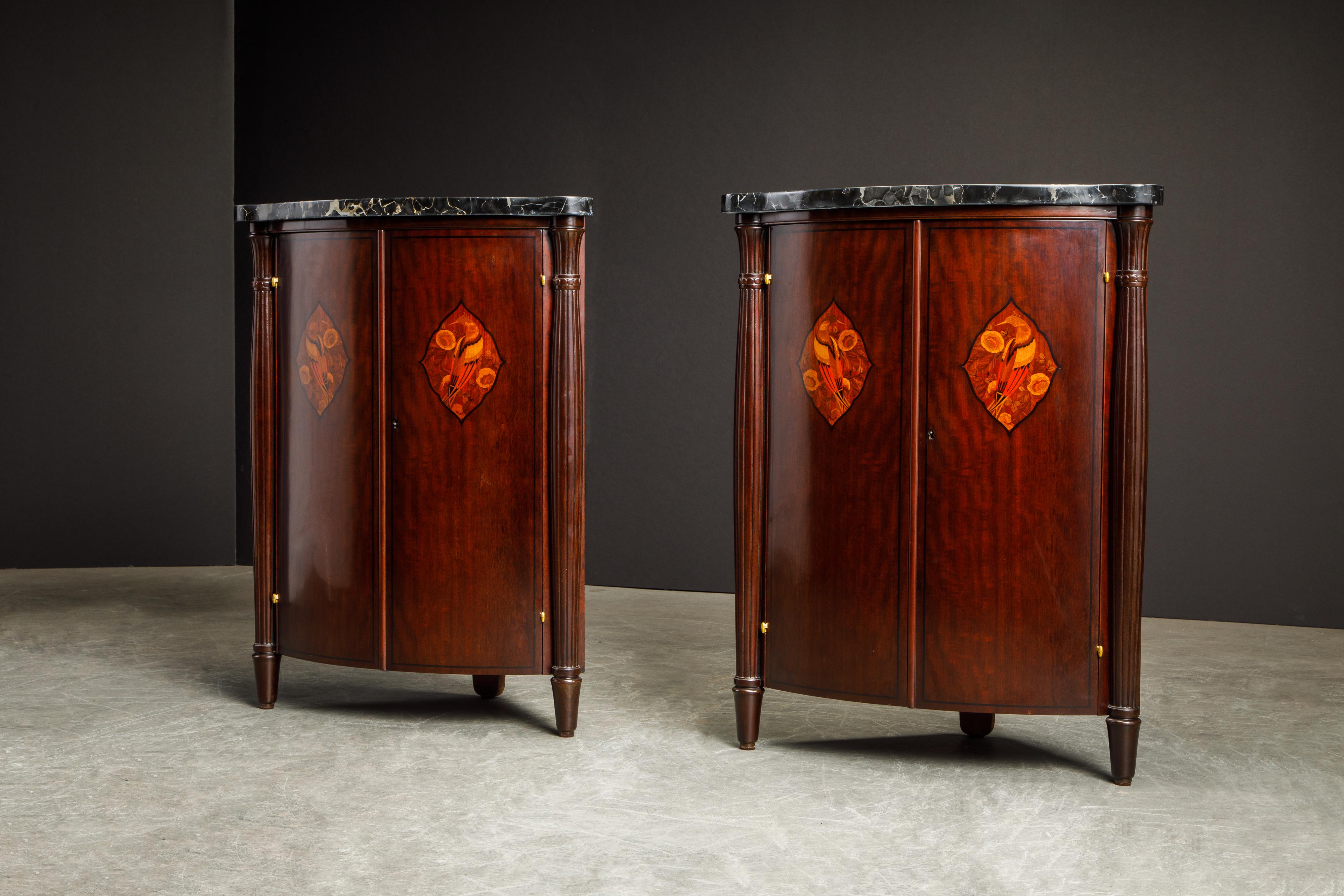 Early 20th Century Leon Jallot Pair of Inlaid Amaranth and Nero Portoro Encoignures, c 1925, Signed