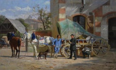 19th Century genre oil painting of figures with horses & a cart