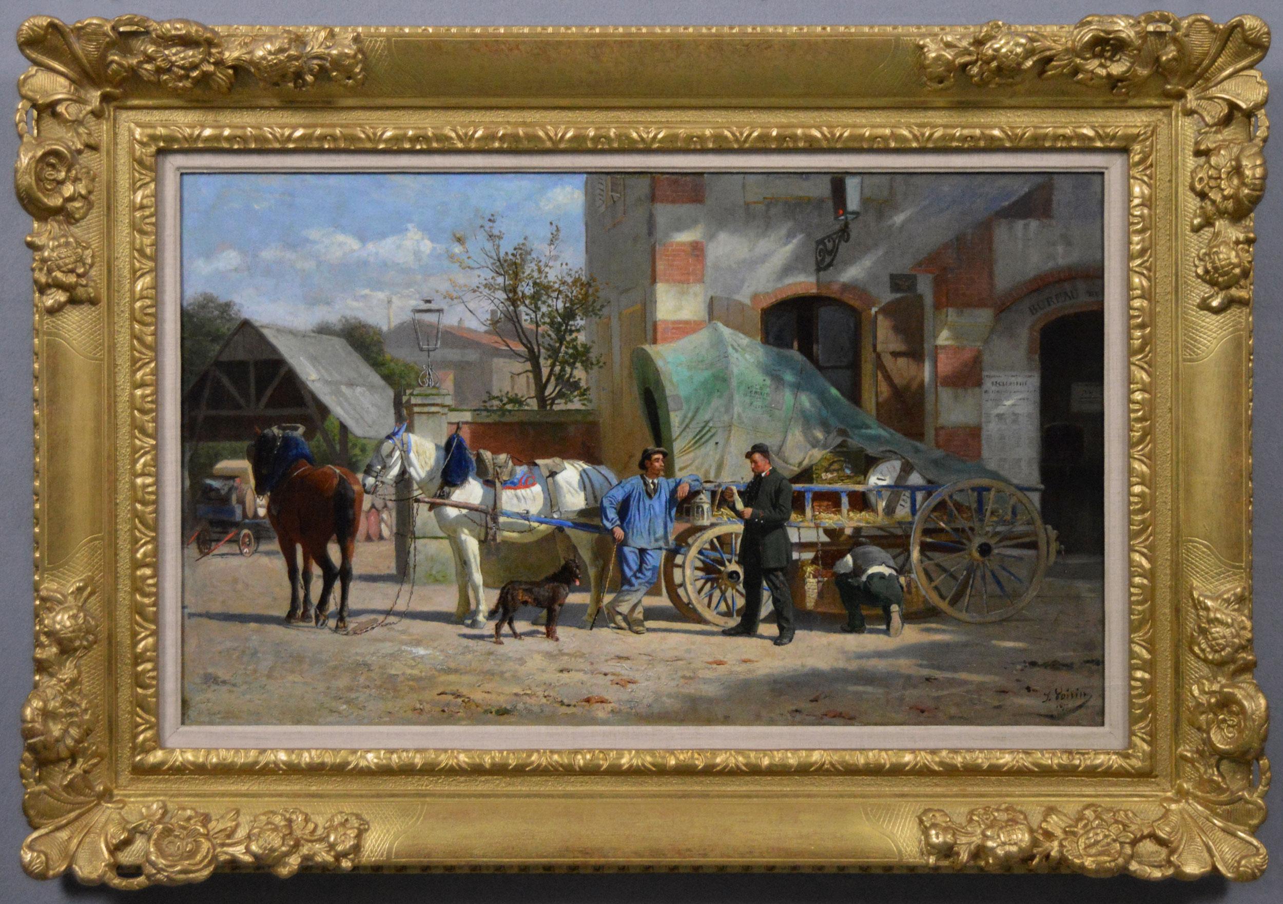 19th Century genre oil painting of figures with horses & a cart