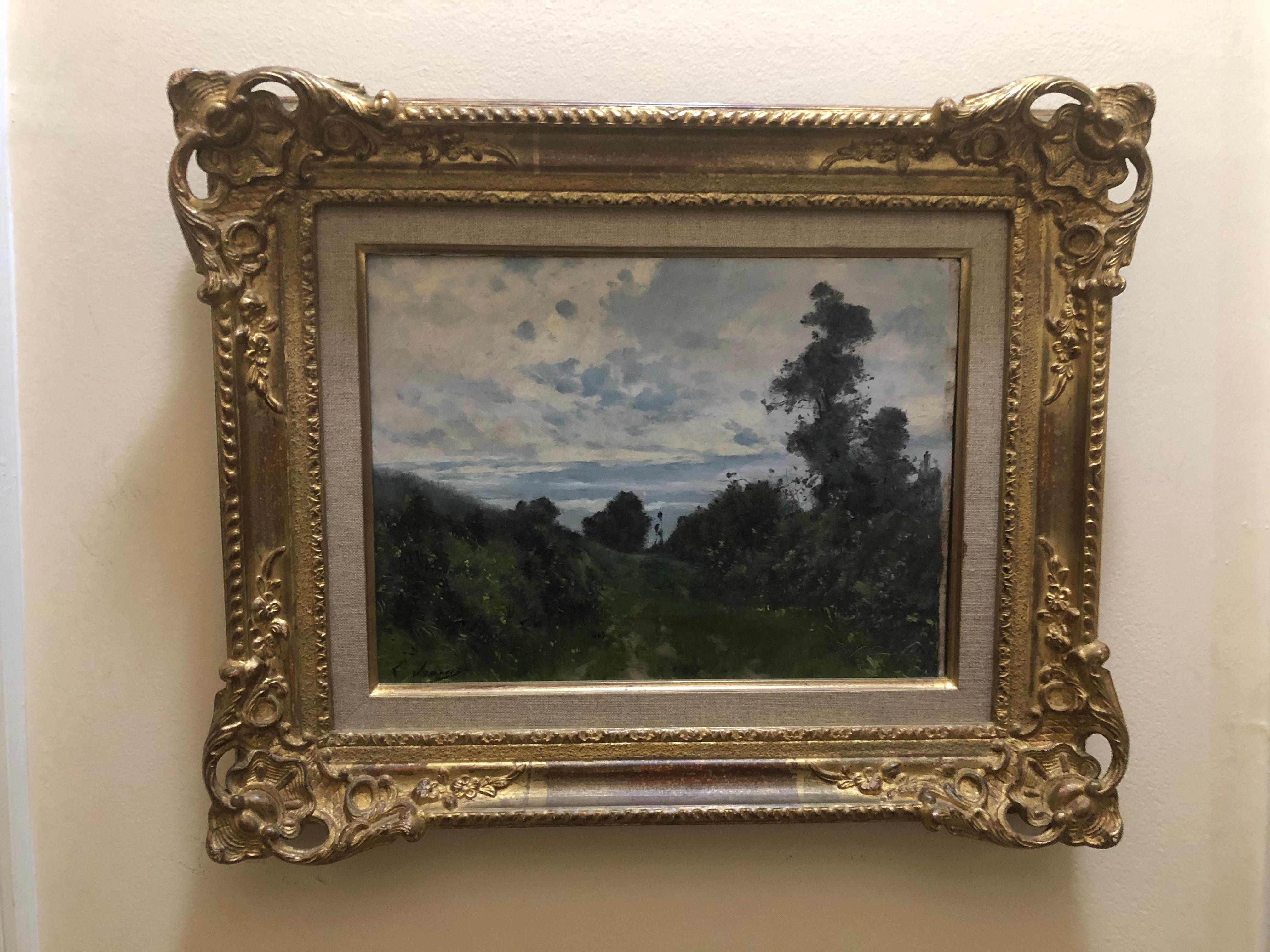 Leon Joubert: 1851-1928. Well listed French Barbizon school painter who has had auction results over $15000. This gem is an oil on panel measuring 13 3/4 inches wide by 10 1/4 inches high. The exquisite period frame measures 20” x 16”