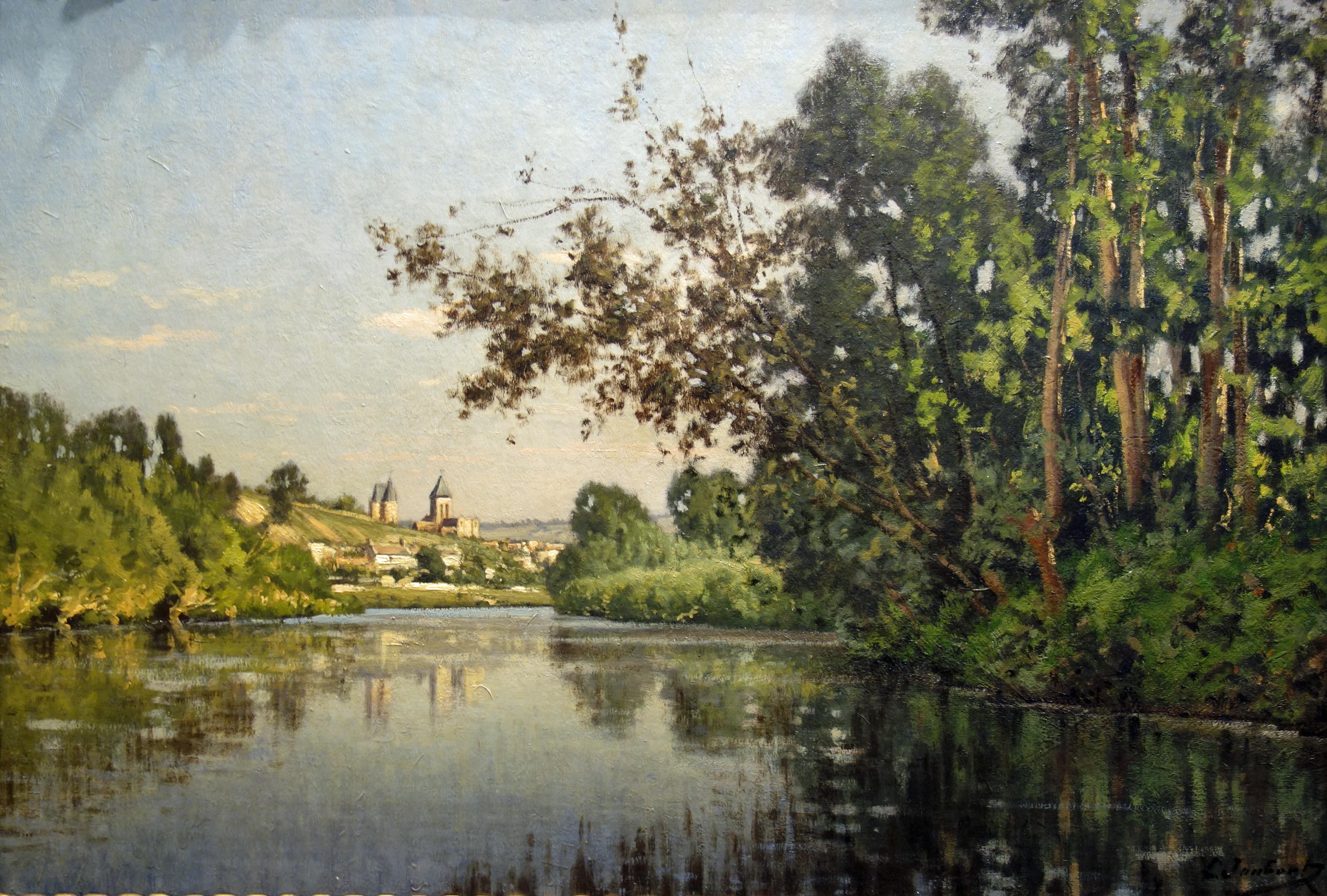 Leon Joubert Landscape Painting - River landscape depicting the Church in Vetheuil on the Seine