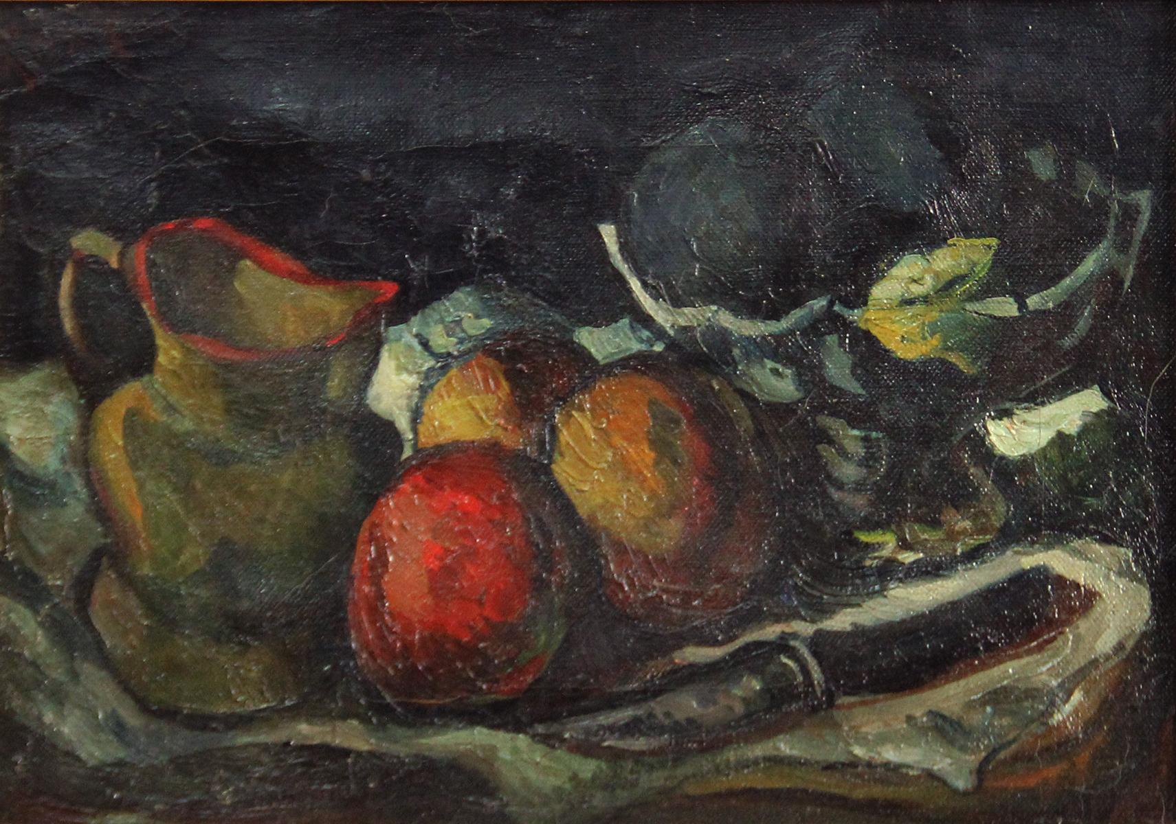 Fruit and Paring Knife, Modernist Still Life, Oil on Canvas, 1923, Framed - Painting by Leon Kelly