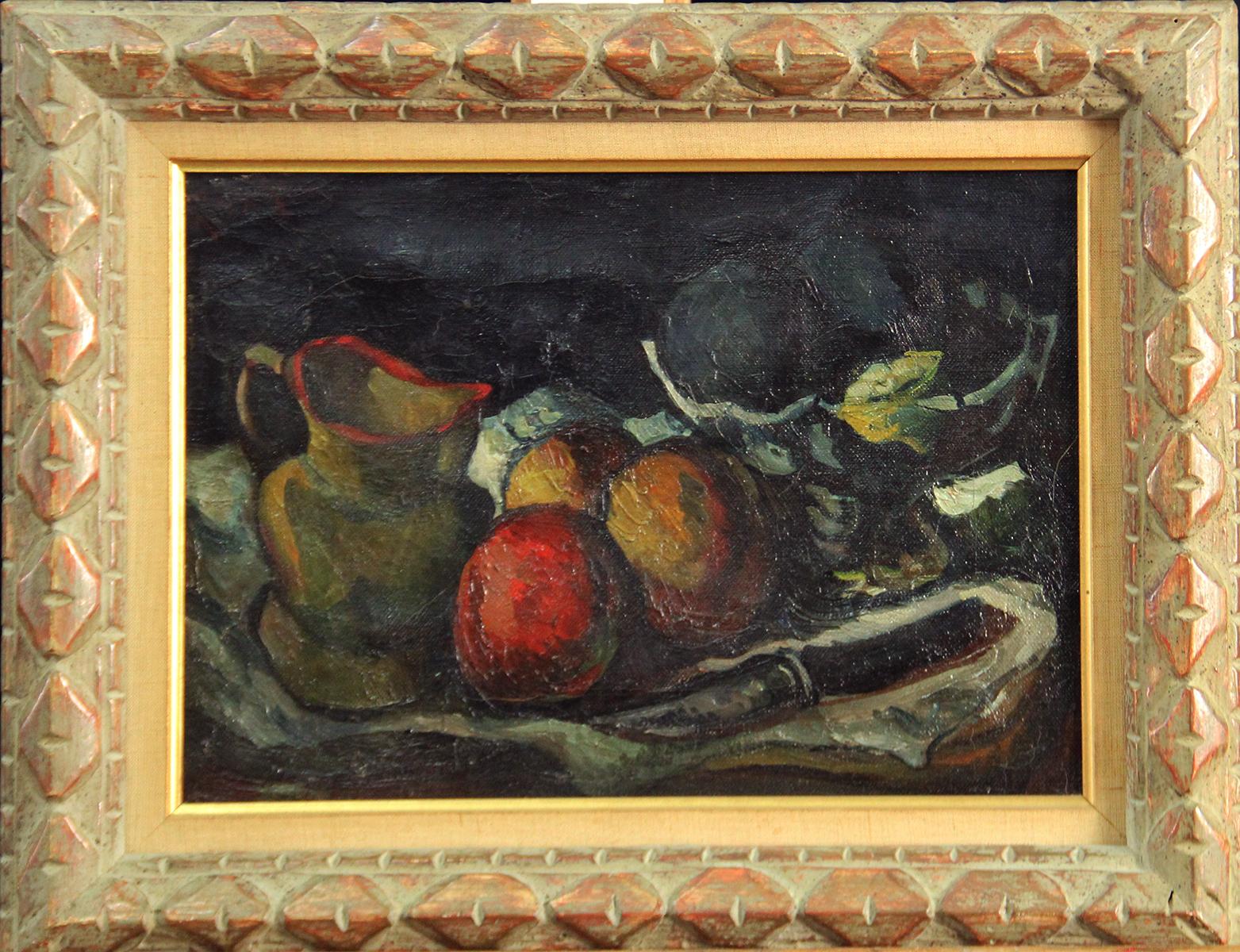 "Fruit and Pearing Knife" by Leon Kelly is a 10" x 14" oil on canvas still life painting. It came from the estate of the artist Leonard Nelson and is signed "Leon Kelly" in the upper left. It is titled, dated and signed on verso. Additional shipping