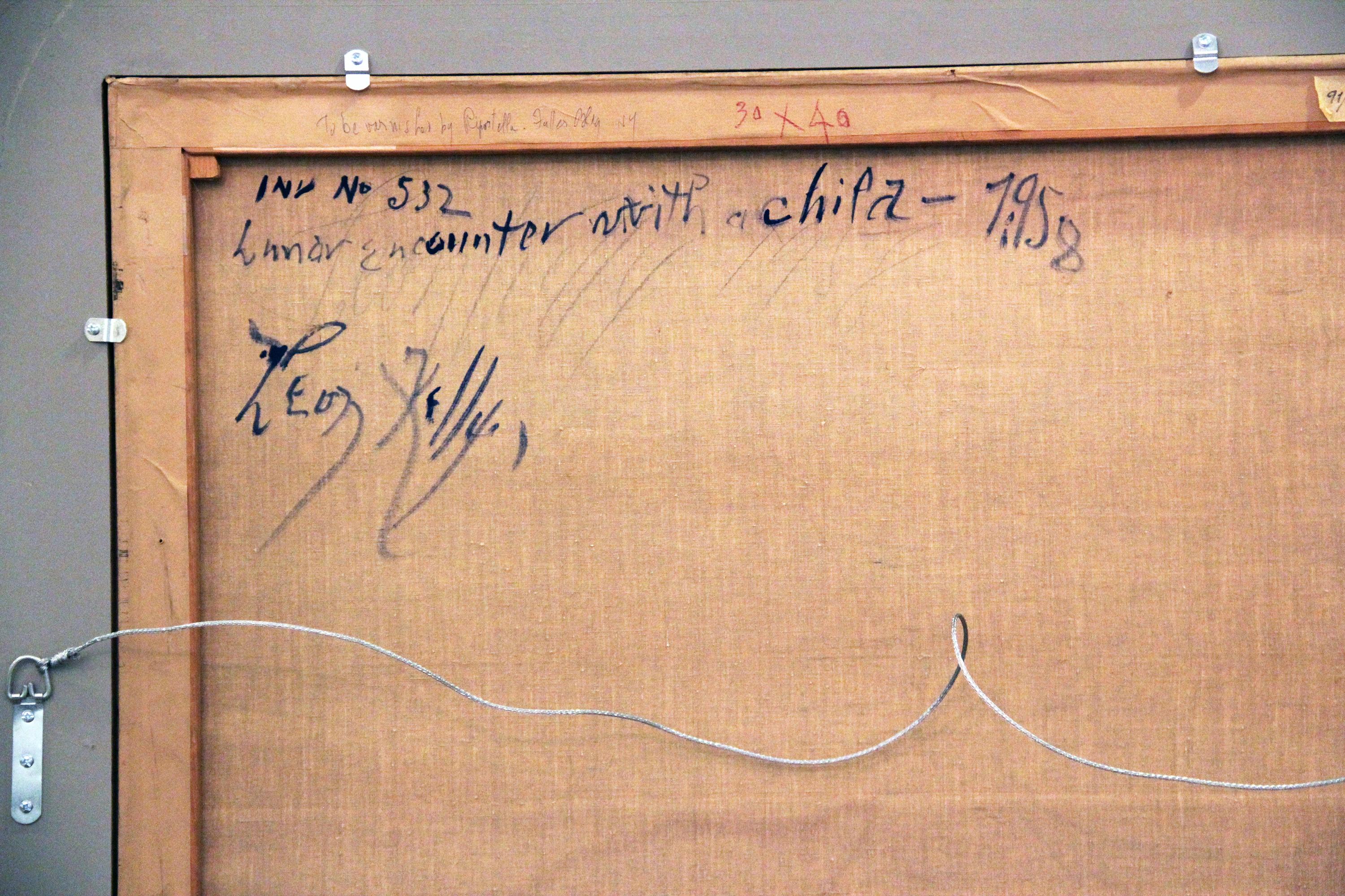 Lunar Encounter mit Kind, surrealistisches Porträt, Öl auf Leinwand, 1958, gerahmt – Painting von Leon Kelly