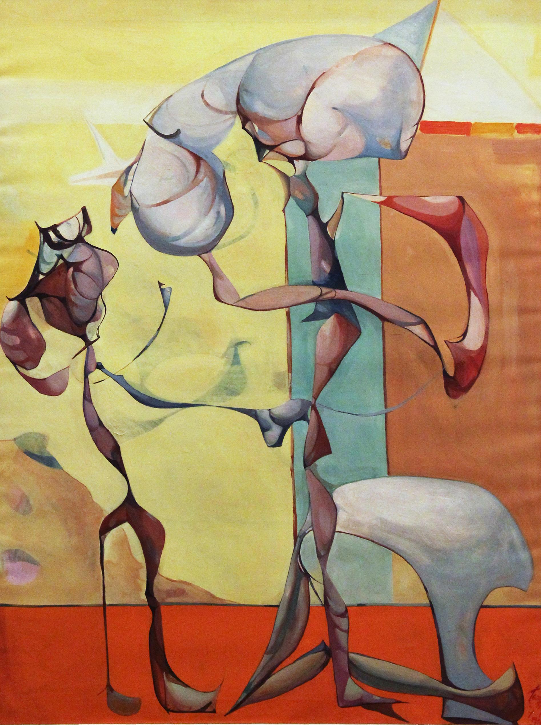 Lunar Encounter mit Kind, surrealistisches Porträt, Öl auf Leinwand, 1958, gerahmt