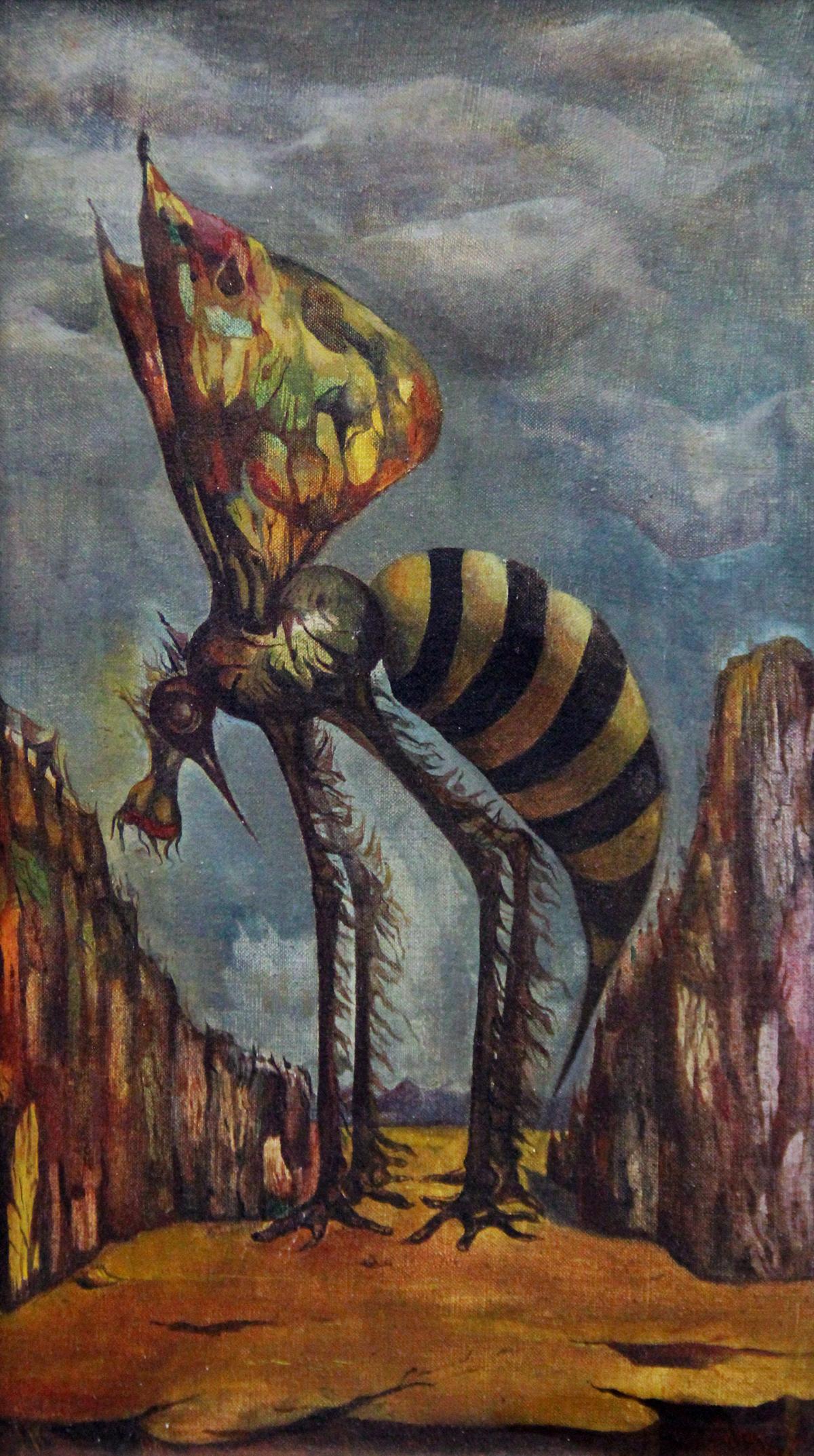 Mosquito on Orange Mountain, Surrealist Landscape, Oil on Canvas, 1943, Framed - Painting by Leon Kelly