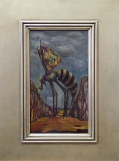 Mosquito on Orange Mountain, Surrealist Landscape, Oil on Canvas, 1943, Framed