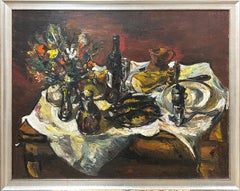 Nature morte de table, Nature morte moderniste avec nourriture, fleurs et vin