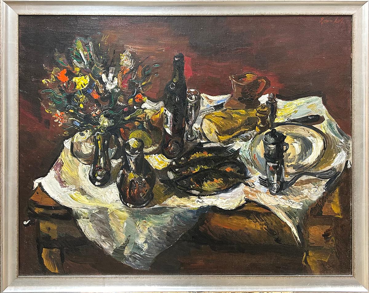 Nature morte de table, nature morte moderniste avec nourriture, fleurs et vin, signée - Painting de Leon Kelly