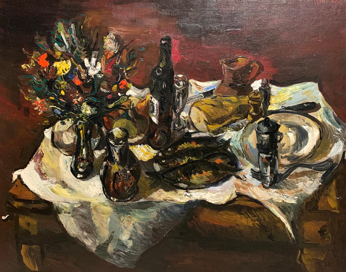 Still-Life Painting Leon Kelly - Nature morte de table, nature morte moderniste avec nourriture, fleurs et vin, signée