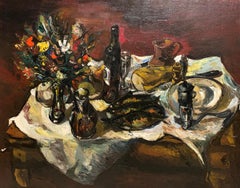 Tabletop Still Life, Modernist Still Life with Food, Flowers, and Wine, Signed