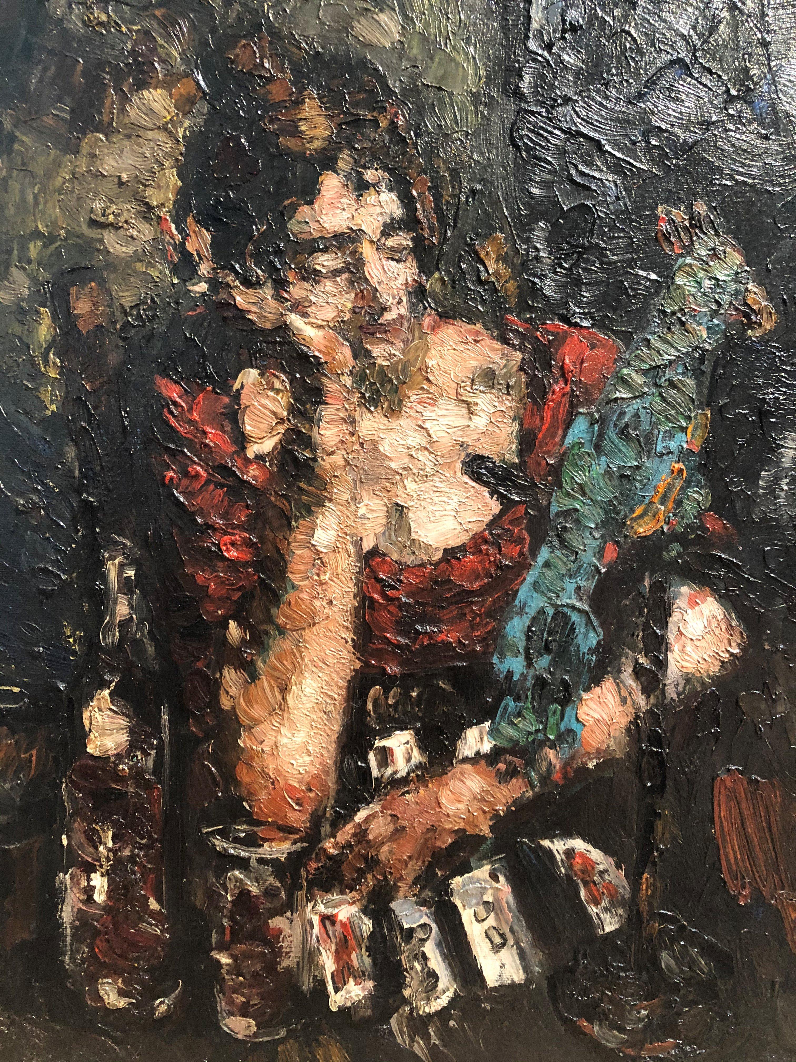 Leon Kelly (American, 1901 - 1982)
The Fortune Teller (Woman with Playing Cards, a Bottle of Wine, and a Parrot), circa 1926
Oil on canvasboard
20 x 16 inches
Signed lower right
Housed in a distressed wooden frame

Leon Kelly is admired as one of