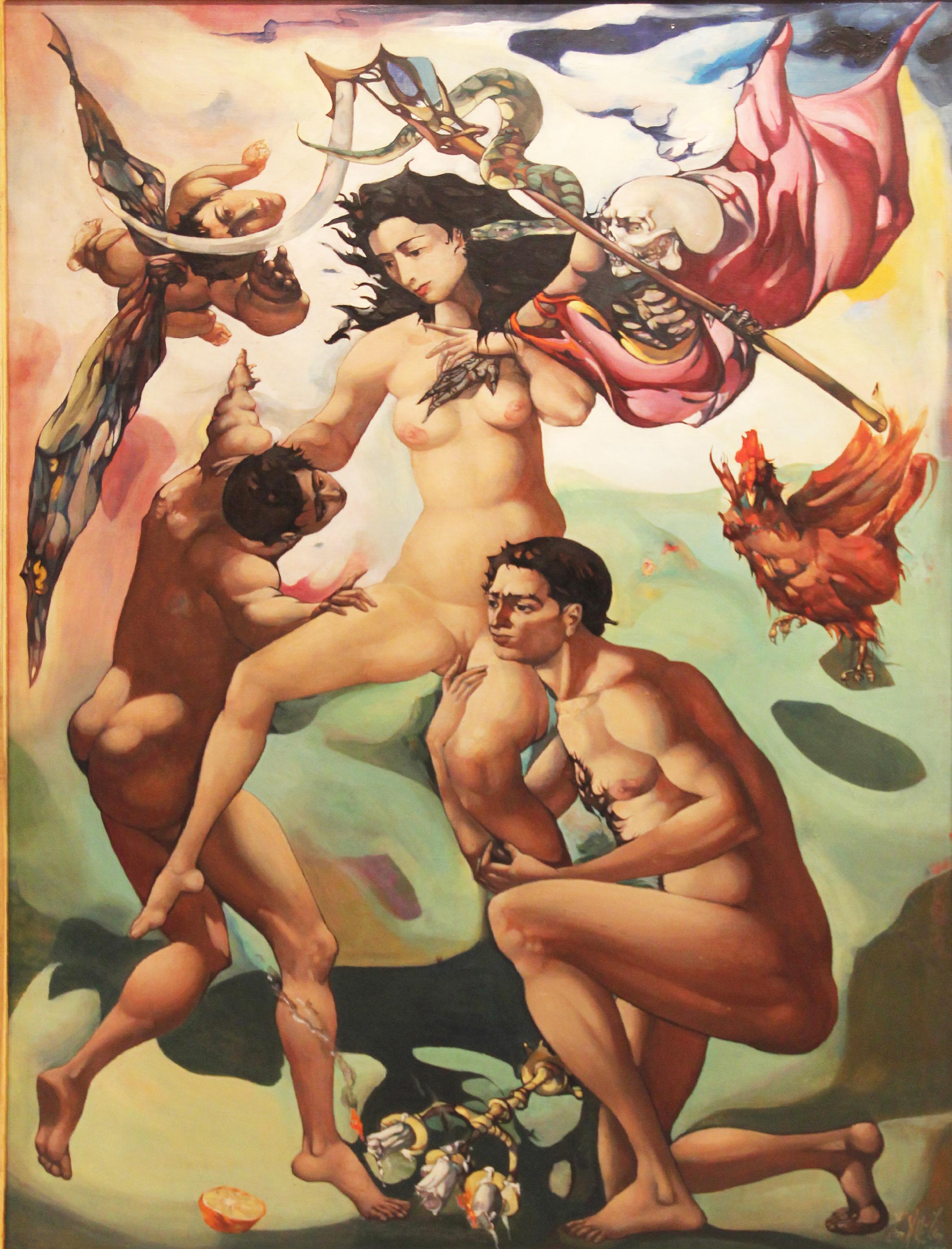 Venus Retrieved from the Hands of Death, Surréaliste, Nus, 1959, Huile sur toile - Surréalisme Painting par Leon Kelly