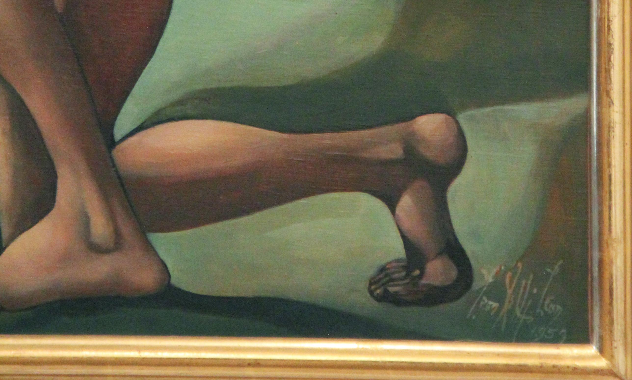 Venus aus den Händen des Todes herausgegeben, surrealistisch, Akt, 1959, Öl auf Leinwand (Braun), Nude Painting, von Leon Kelly